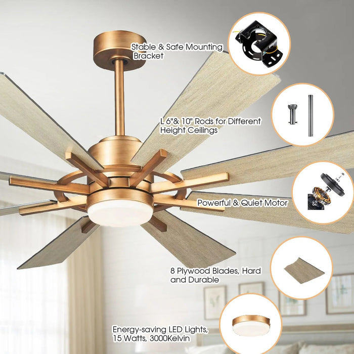 Ventilador de techo reversible Oretha Windmill de 60", moderno, con motor de CC, montaje en varilla, iluminación y control remoto - ParrotUncle