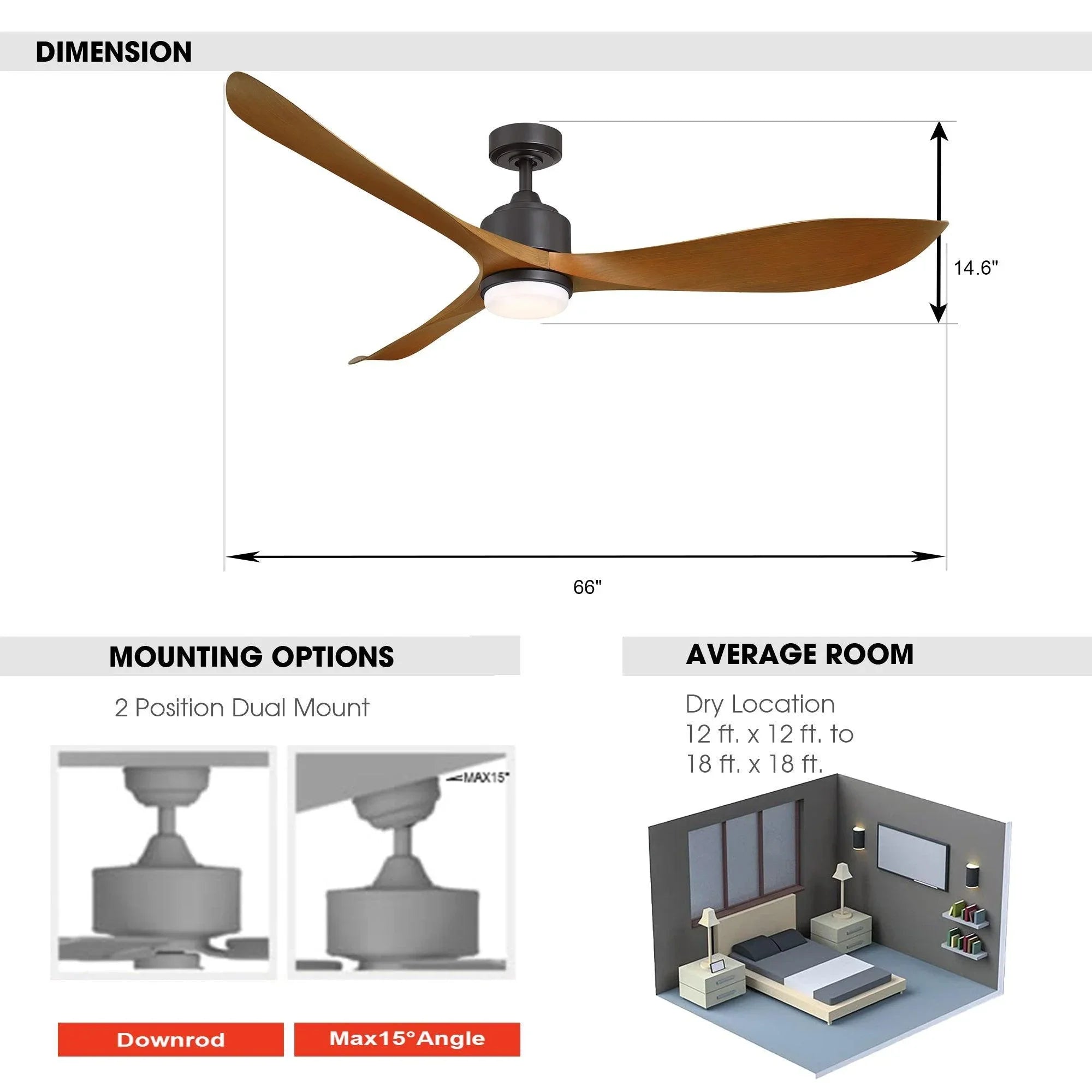 66" Misael Propeller Modern DC Motor Downrod Mount Reversible Ceiling Fan with LED Lighting and Remote Control - ParrotUncle