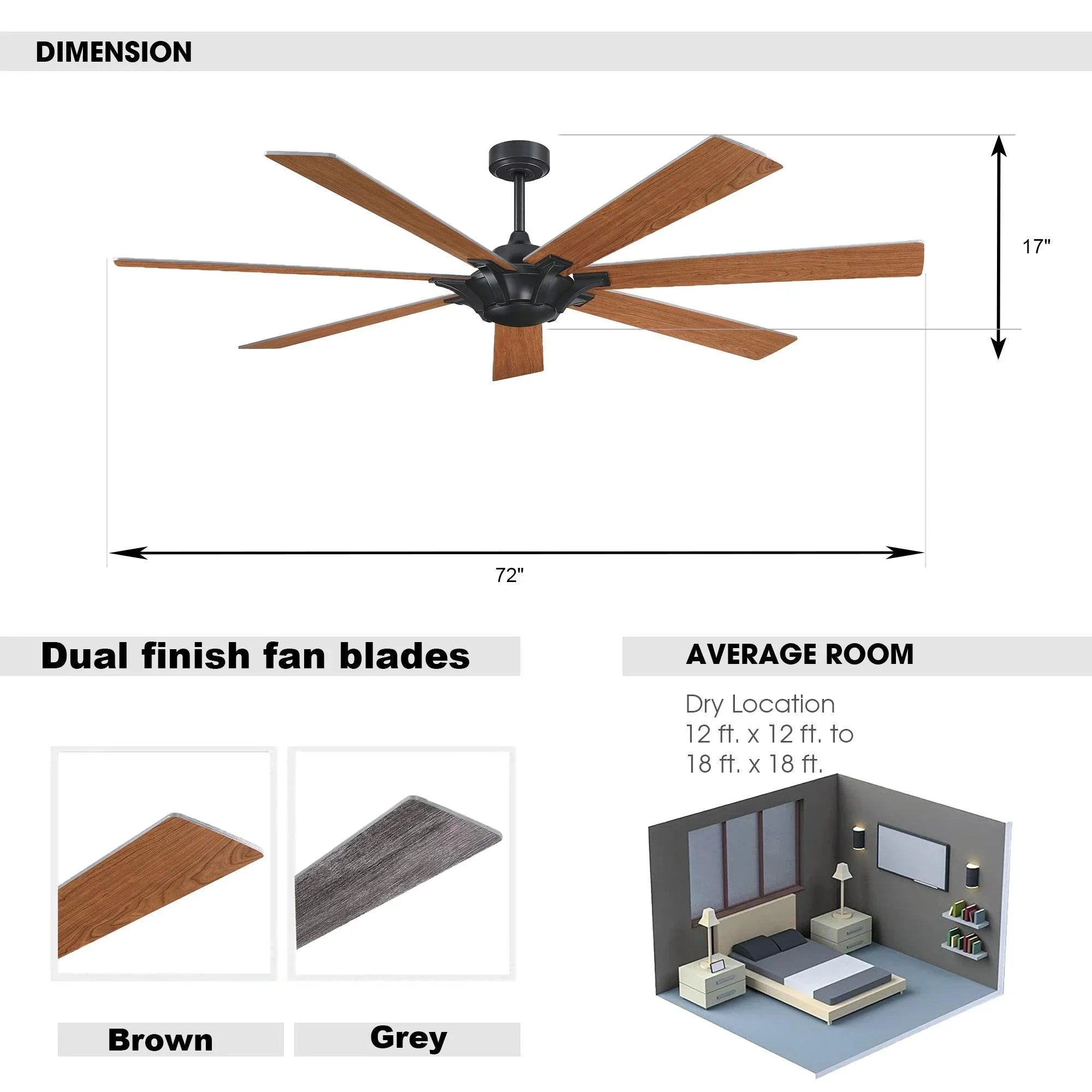 72" Modern DC Motor Brushed Nickel Downrod Mount Reversible Ceiling Fan with Remote Control - ParrotUncle