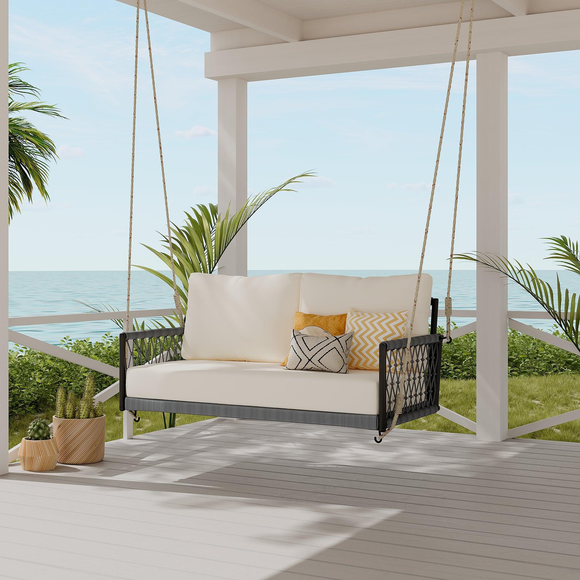 1-Piece Woven Rope Outdoor Swing Sofa with Soft Cushions Seating 2 for Patio, Courtyard and Balcony