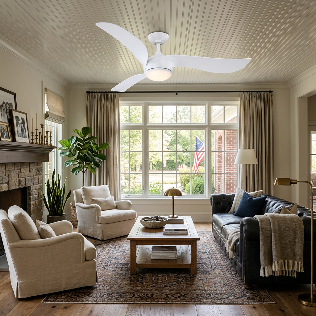 Modern white ceiling fan with integrated light fixture on a white paneled ceiling