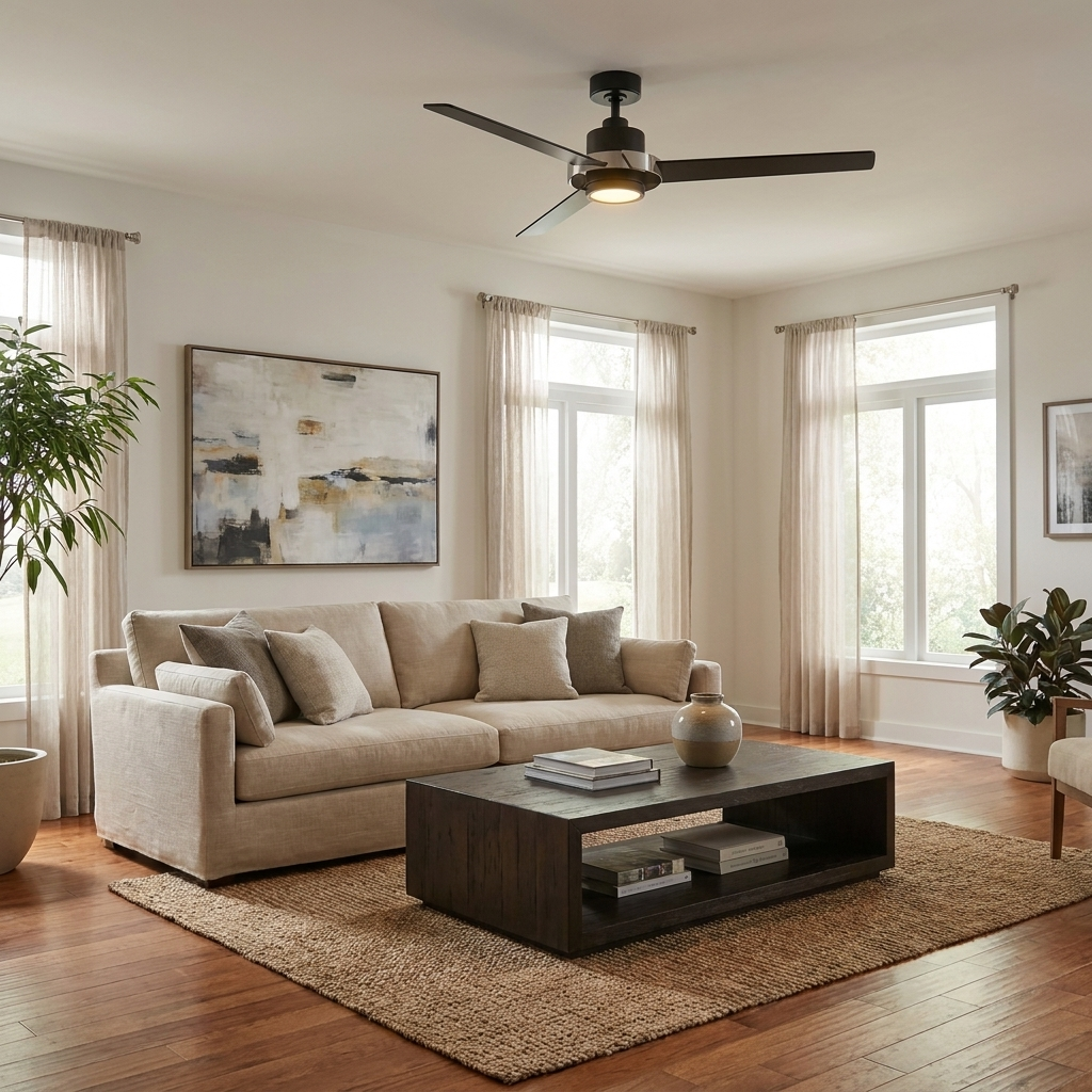 Modern black ceiling fan with integrated light fixture in a neutral living room
