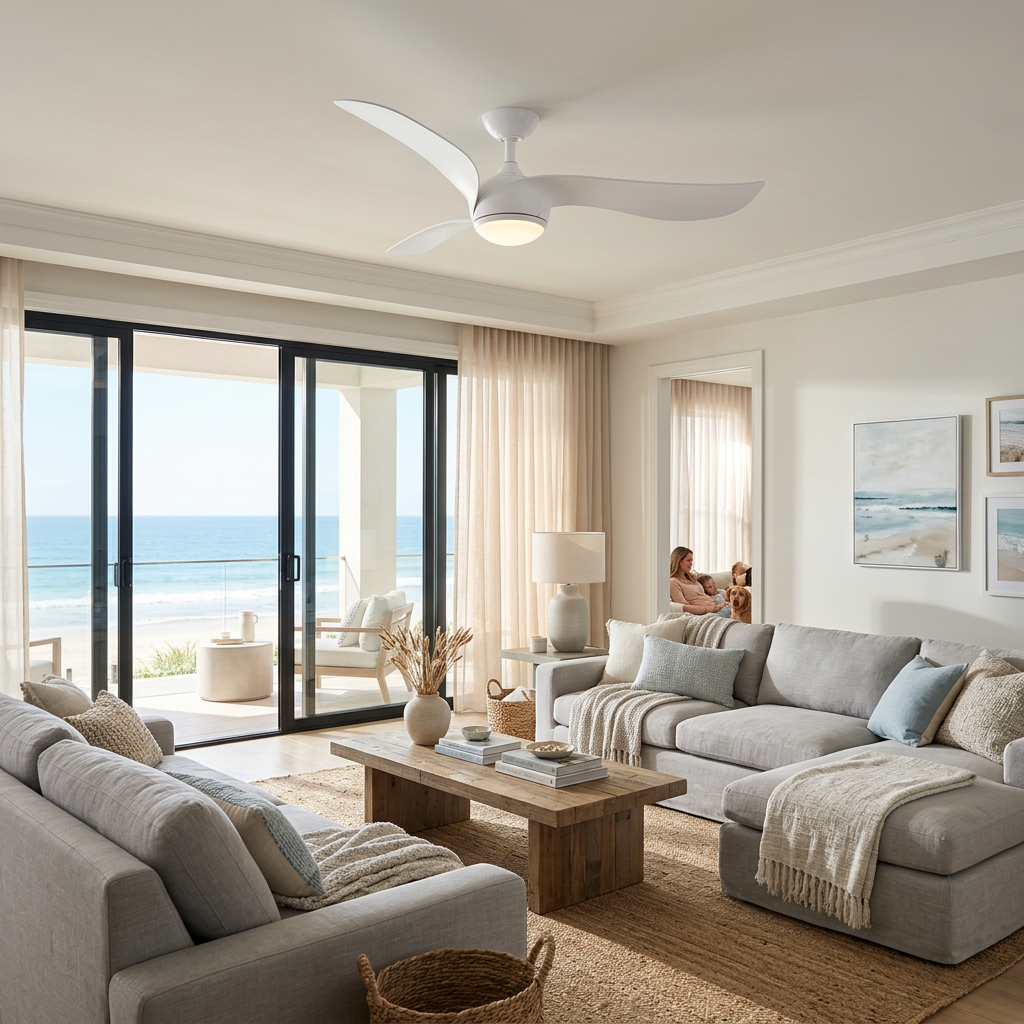 Modern white three-blade ceiling fan with integrated light fixture in a bright living room.