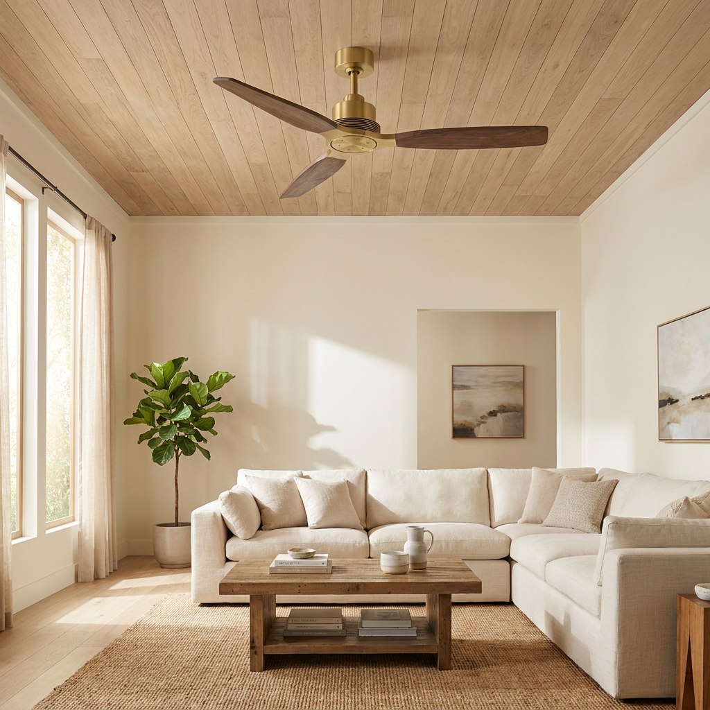 Modern gold ceiling fan with dark wood blades installed on a light wood ceiling.