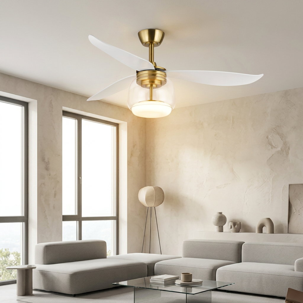 Modern gold ceiling fan with white blades and a glass light fixture in a minimalist room.