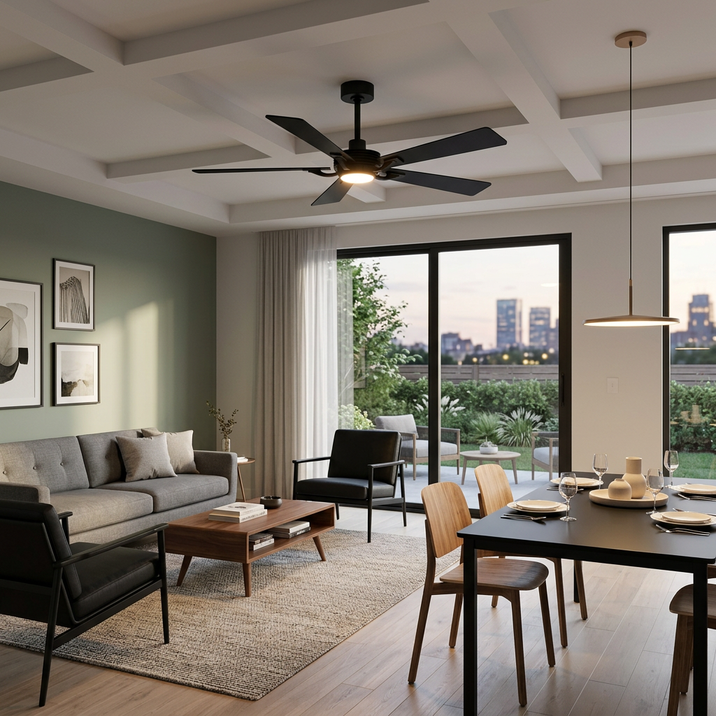 Modern black ceiling fan with integrated light in a contemporary living room