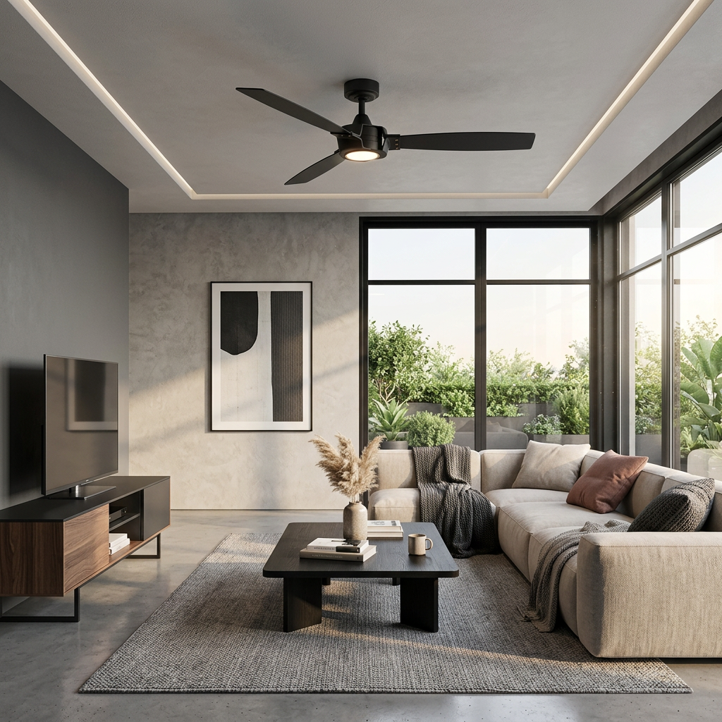 Modern black ceiling fan with integrated light installed in a contemporary living room.