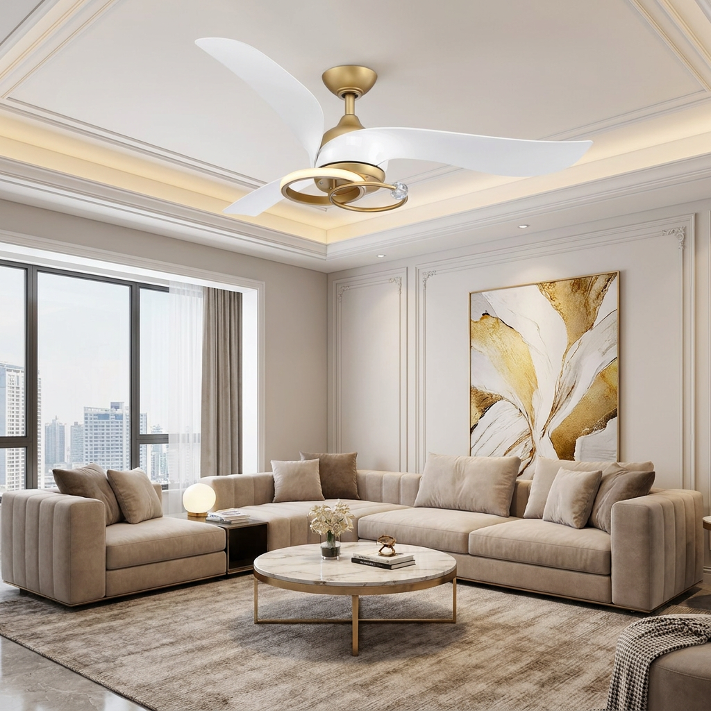 Modern gold ceiling fan with white blades and integrated light fixture in a living room