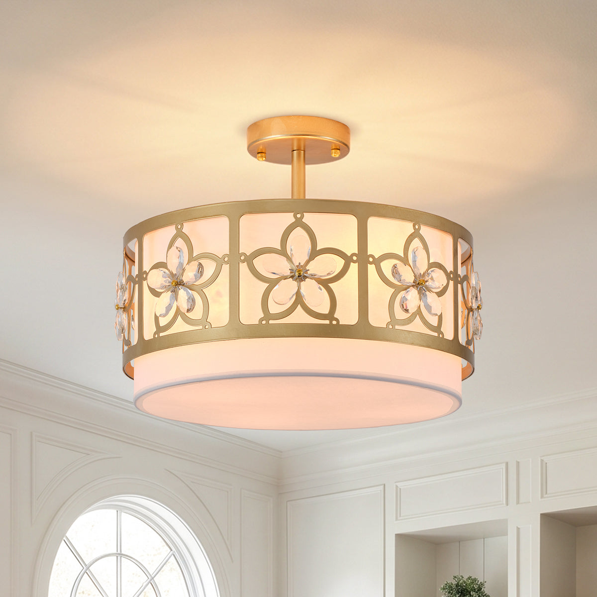 Audrey 4-Light Brushed Gold Semi-Flush Ceiling Light with Crystal Flowers