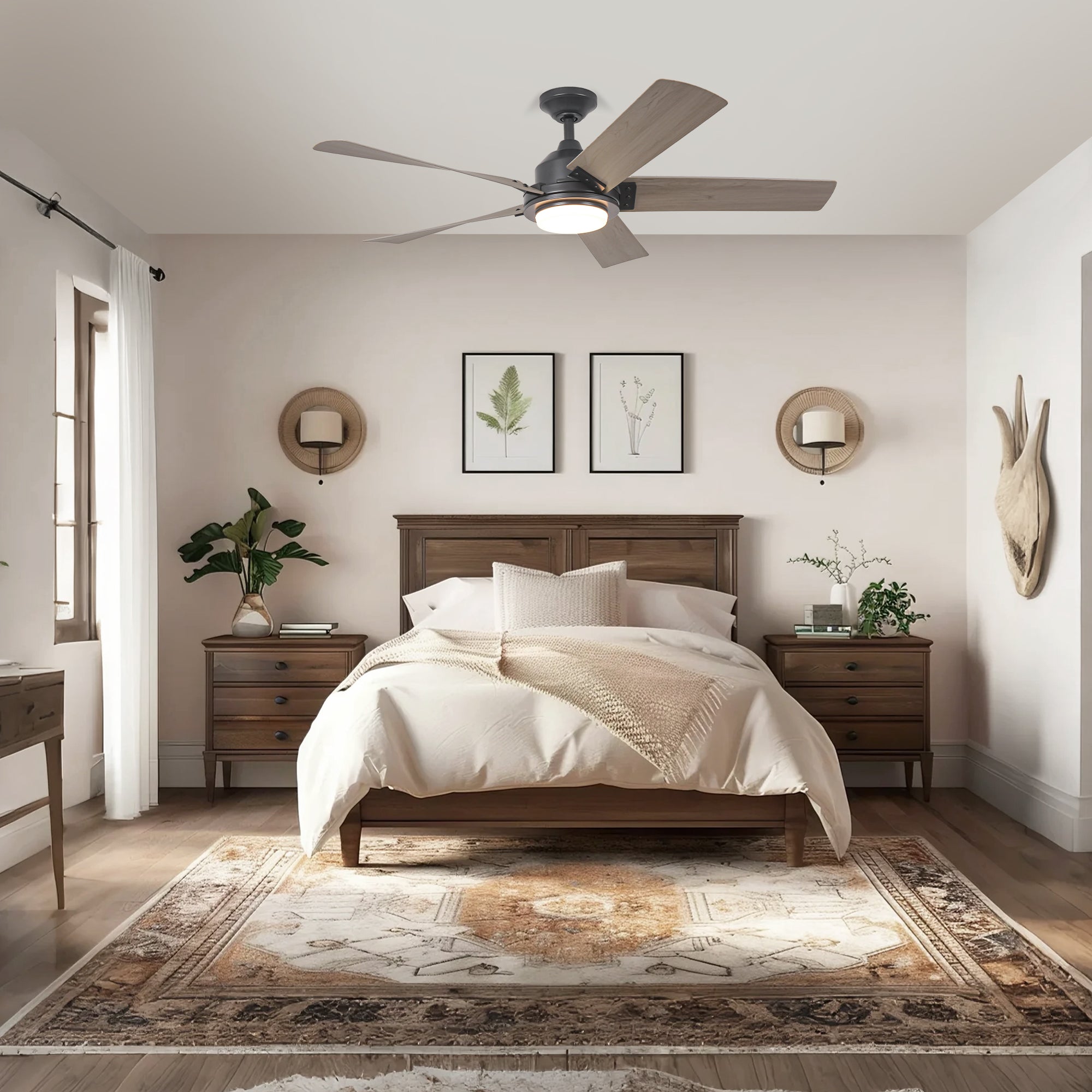 Modern ceiling fan with grey blades and integrated light fixture in a bedroom