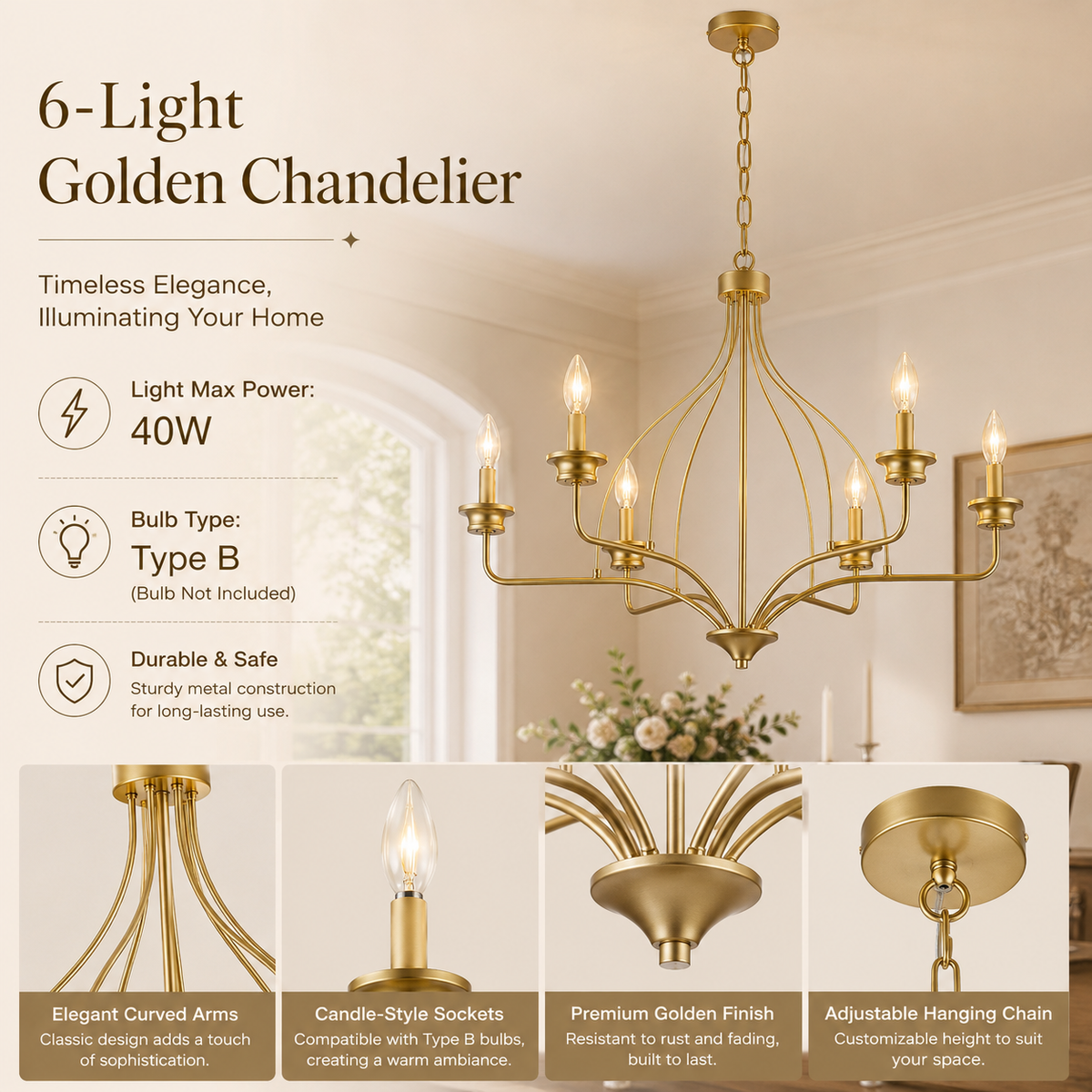 6-light golden chandelier with curved arms and candle-style sockets for home lighting.