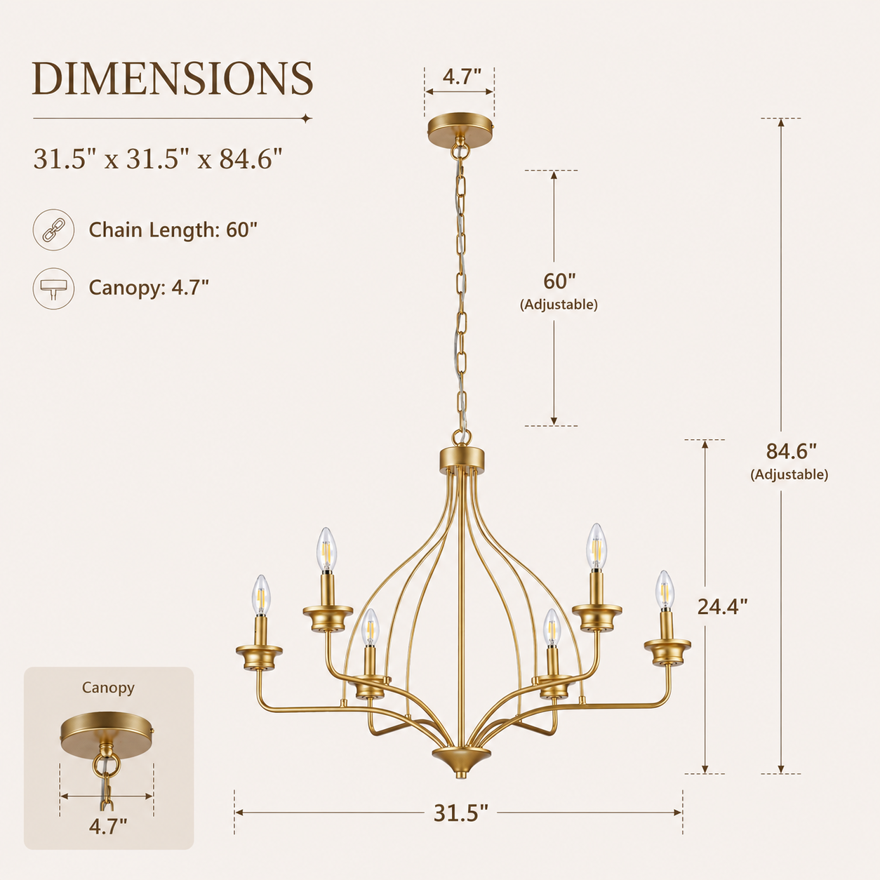 Dimensions diagram for a gold 6-light chandelier with adjustable chain and canopy.