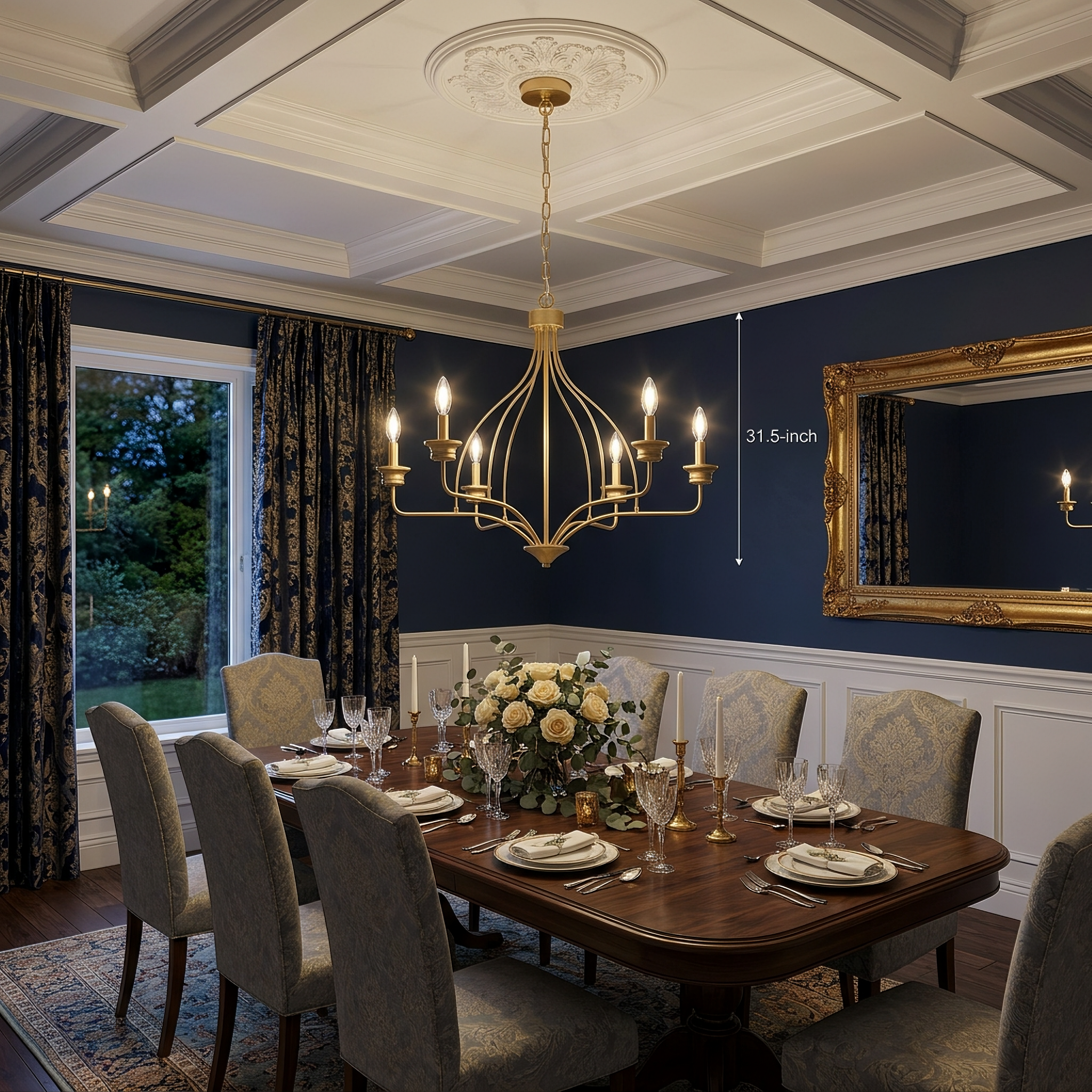 Elegant gold chandelier hanging over a set formal dining table in a navy blue room