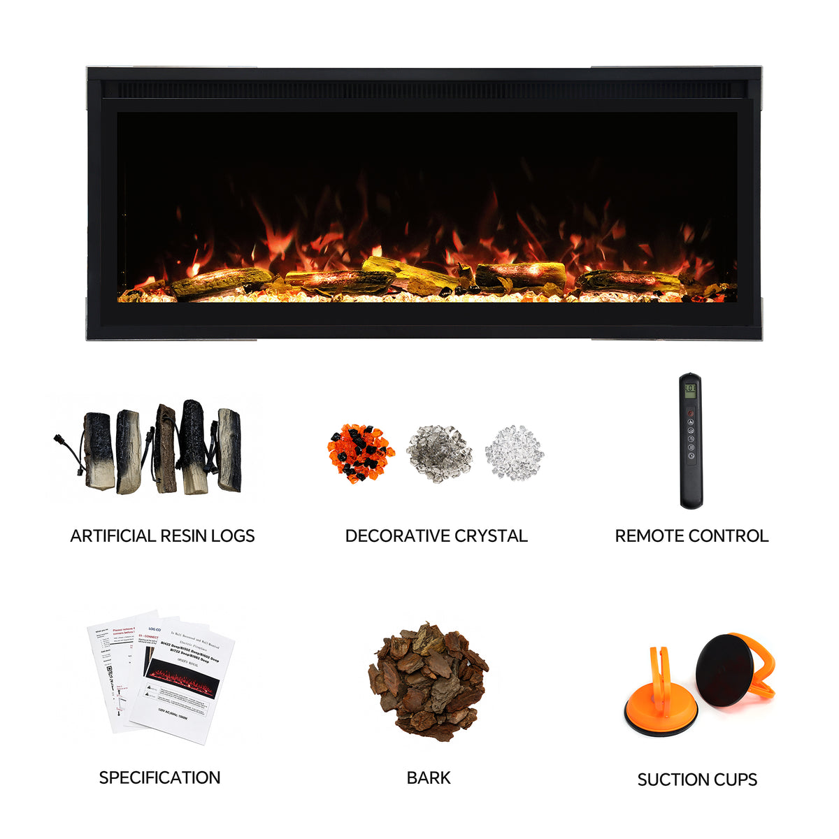 Smart Electric Fireplace with Wi-Fi & Remote Control, Recessed or Wall-Mounted, 13 Flame Colors & Crackling Sound