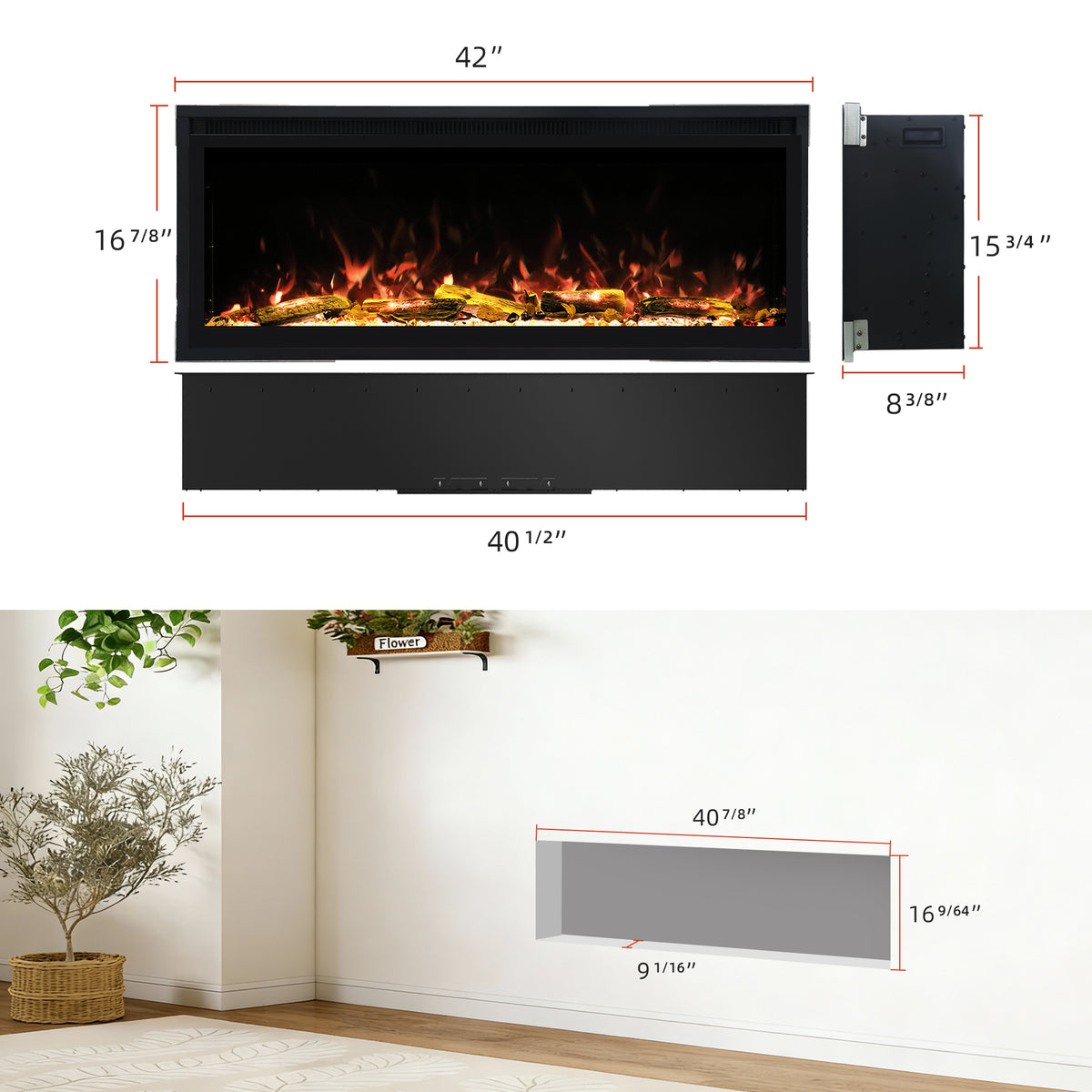 Smart Electric Fireplace with Wi-Fi & Remote Control, Recessed or Wall-Mounted, 13 Flame Colors & Crackling Sound