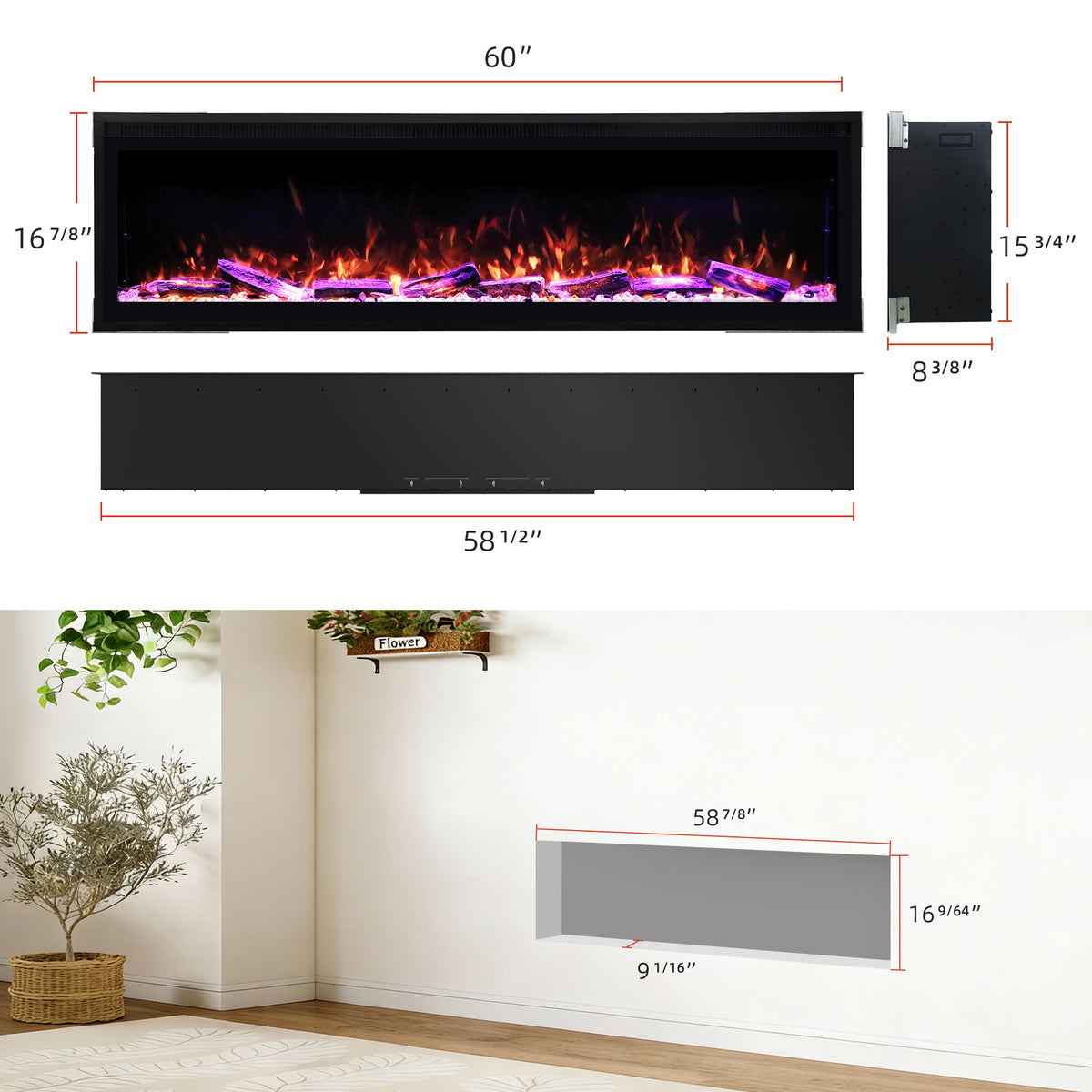 Smart Electric Fireplace with Wi-Fi & Remote Control, Recessed or Wall-Mounted, 13 Flame Colors & Crackling Sound