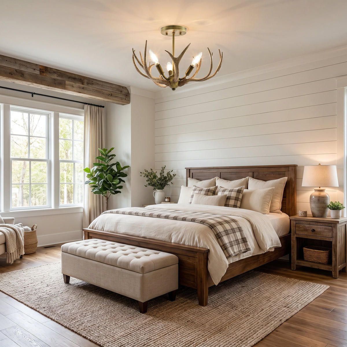 Mick 3-Light Antique Brass Antler Semi-Flush Mount Ceiling Light