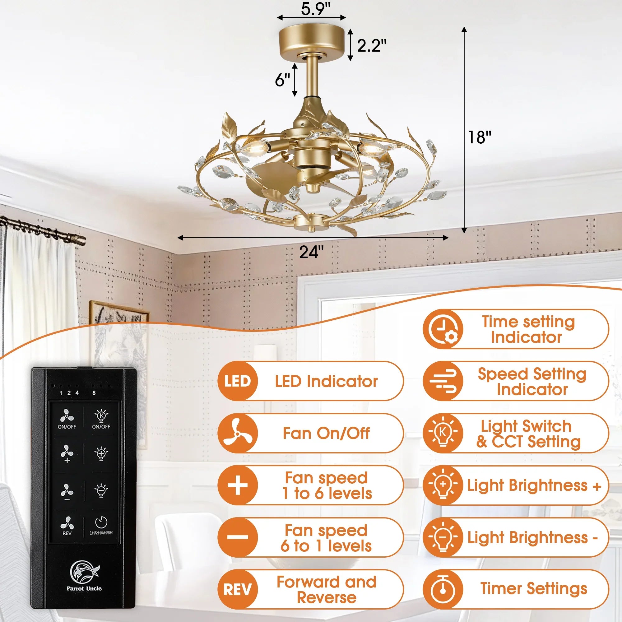 24 Inch Alexia Golden Crystal Ornament Fandelier with Remote Control