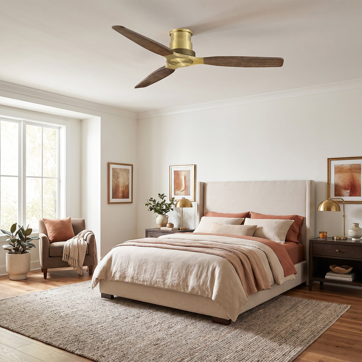 48 Inch Soft Brass Solid Wood Blades Flush Mount Ceiling Fan