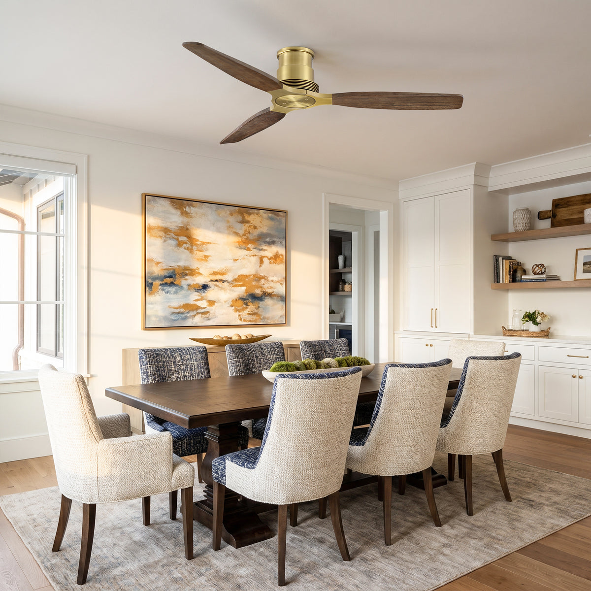 48 Inch Soft Brass Solid Wood Blades Flush Mount Ceiling Fan