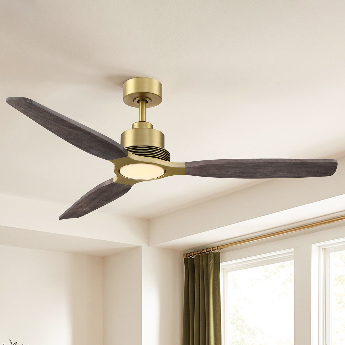 48 Inch Soft Brass Solid Wood Blades Downrod Mount Ceiling Fan