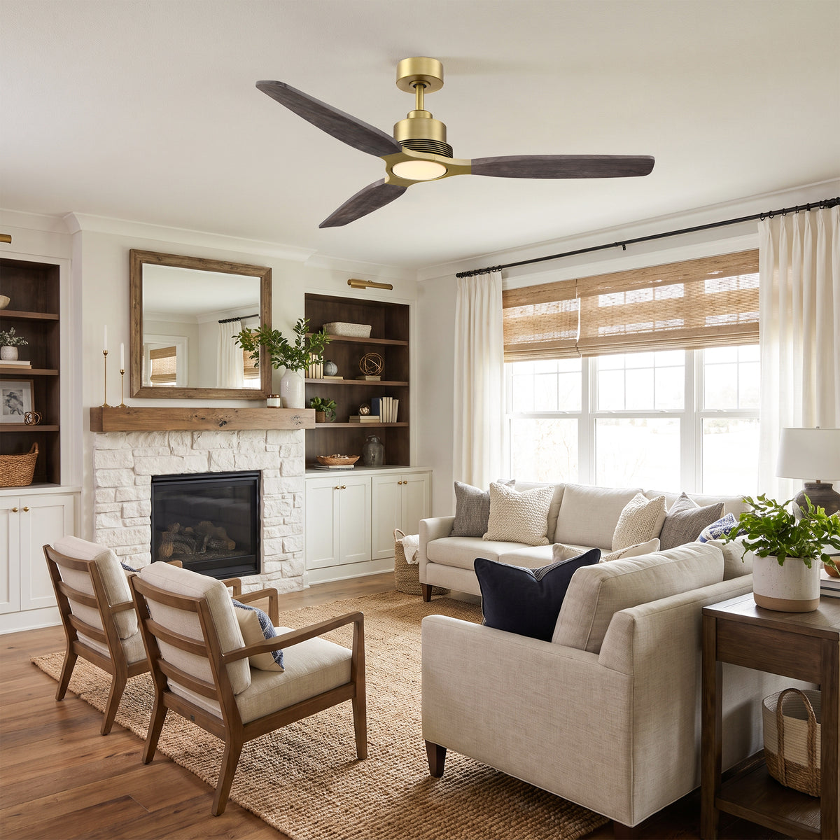 48 Inch Soft Brass Solid Wood Blades Downrod Mount Ceiling Fan