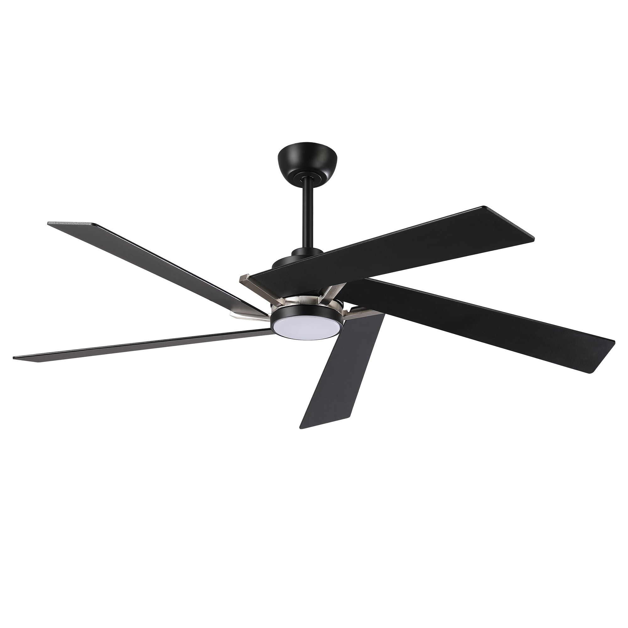 Modern matte black ceiling fan with five blades and an integrated LED light