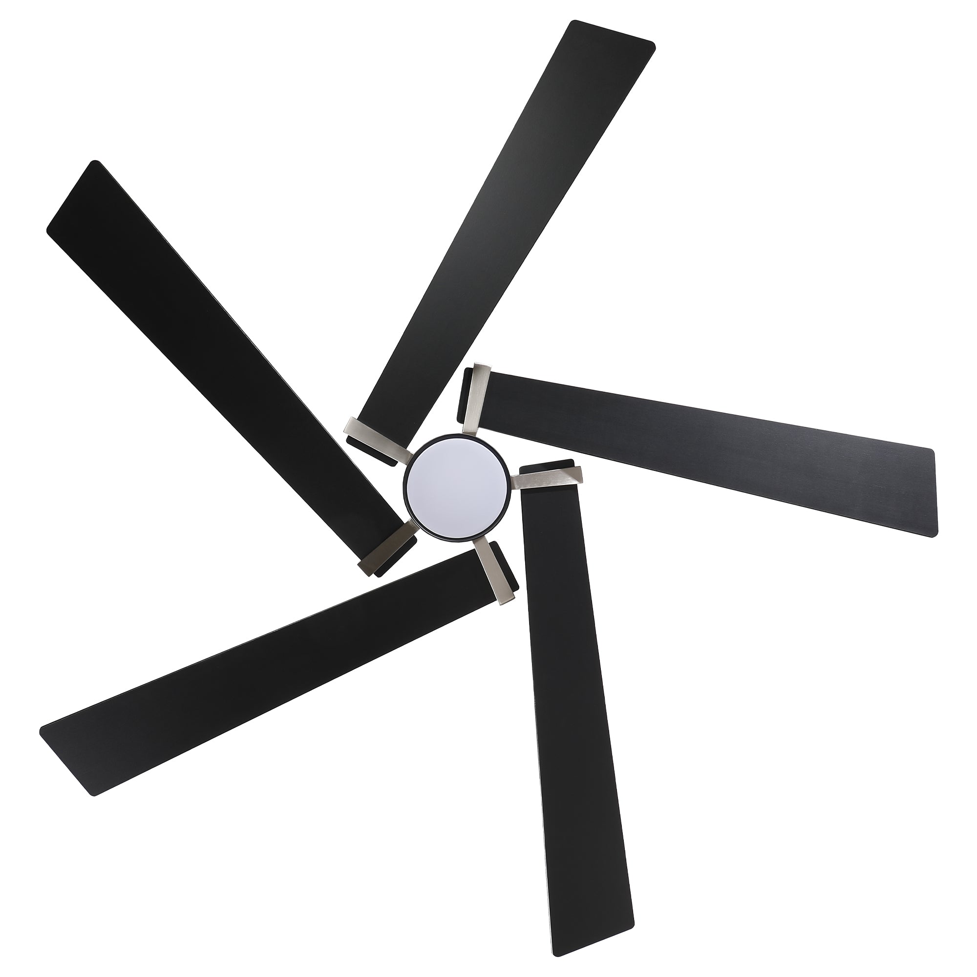 Modern five-blade black ceiling fan with a silver center hub.