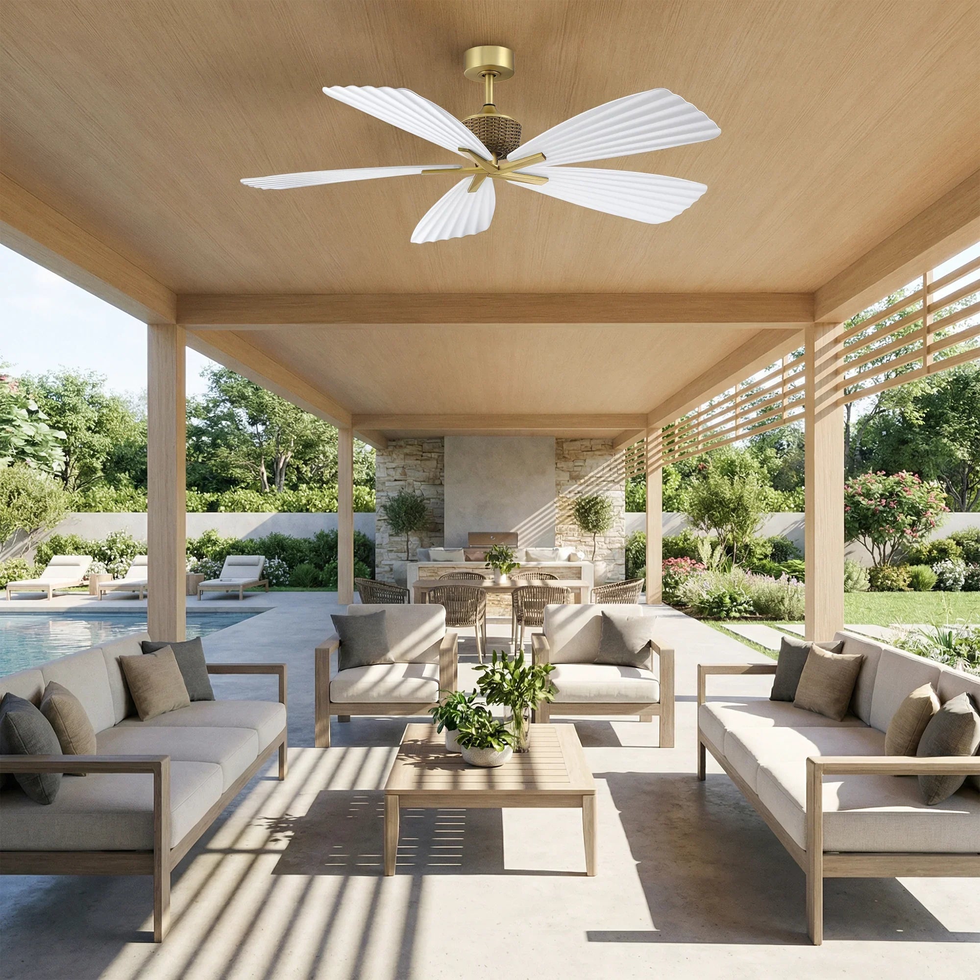 56" Porter Soft Brass IP66 Outdoor Downrod Mount Ceiling Fan
