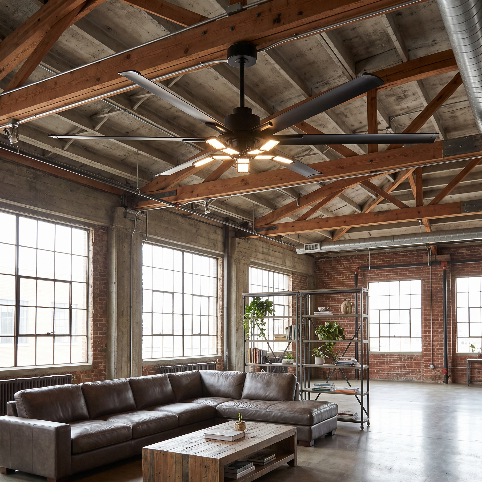 Modern black ceiling fan with integrated lights in a loft-style living room.