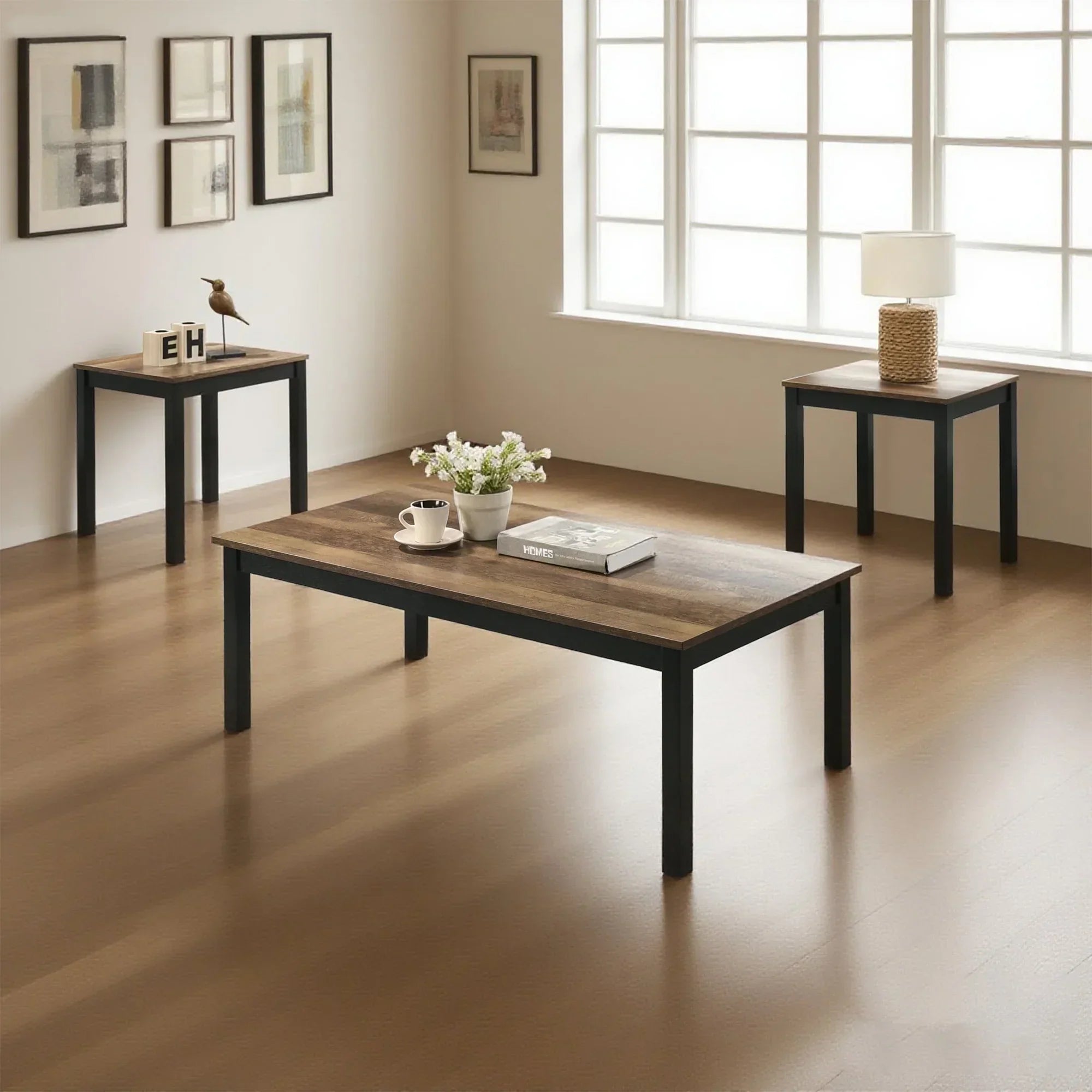 Findlay 3-Piece 47.5 in. Rectangle Faux Marble Top Coffee Table Set with Solid Wood Legs