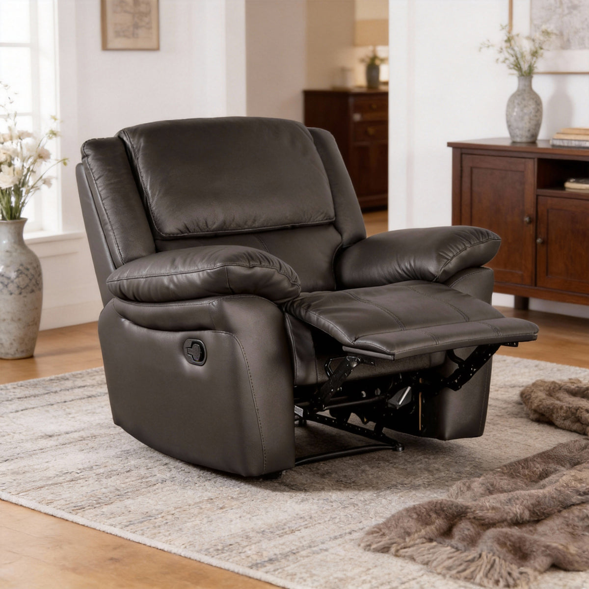 38 Inch Leather Recliner Chair with Pillow Top Arms for Living Room