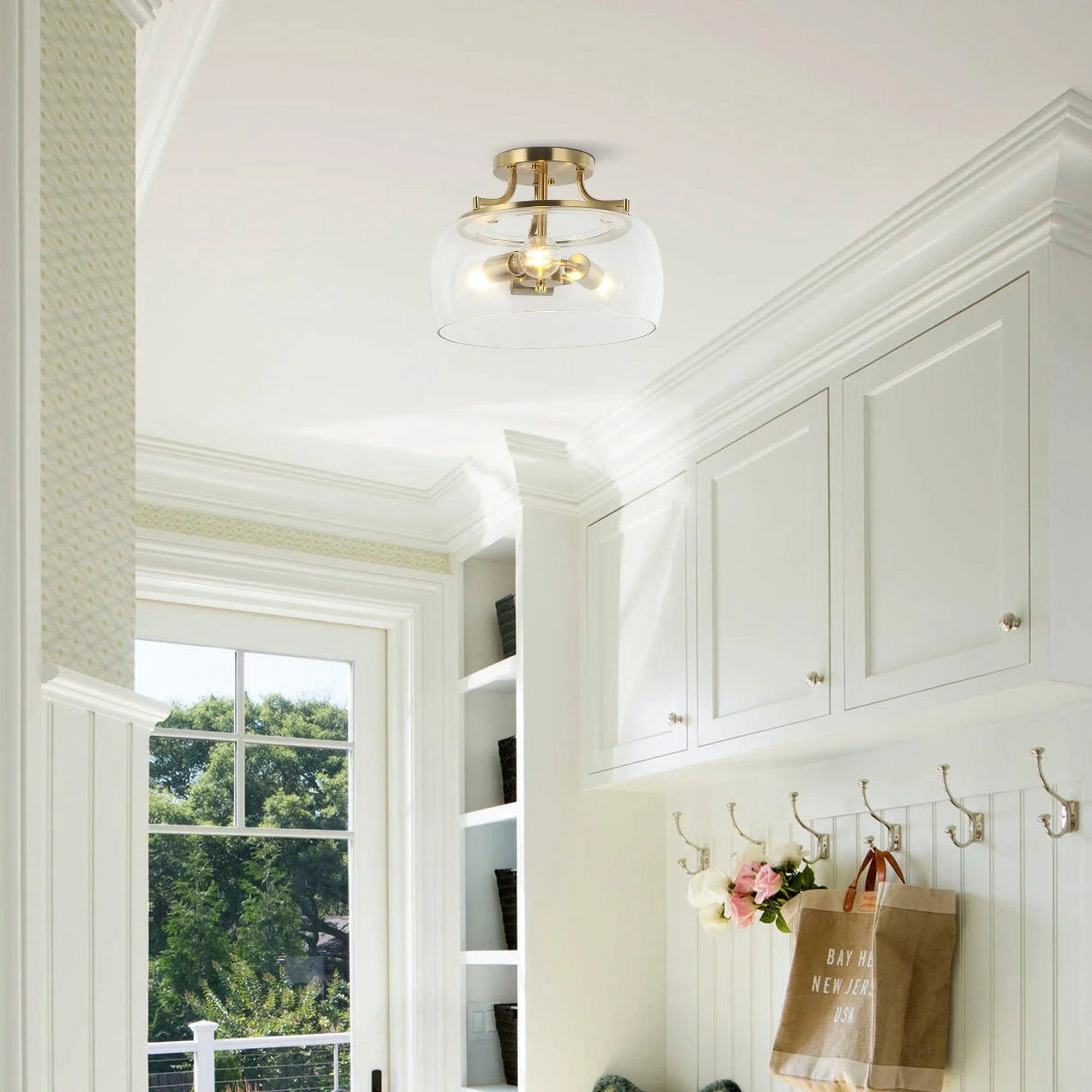 13 Inch 3-Light Brass Gold Semi-Flush Mount Ceiling Light Fixture with Clear Glass Shade