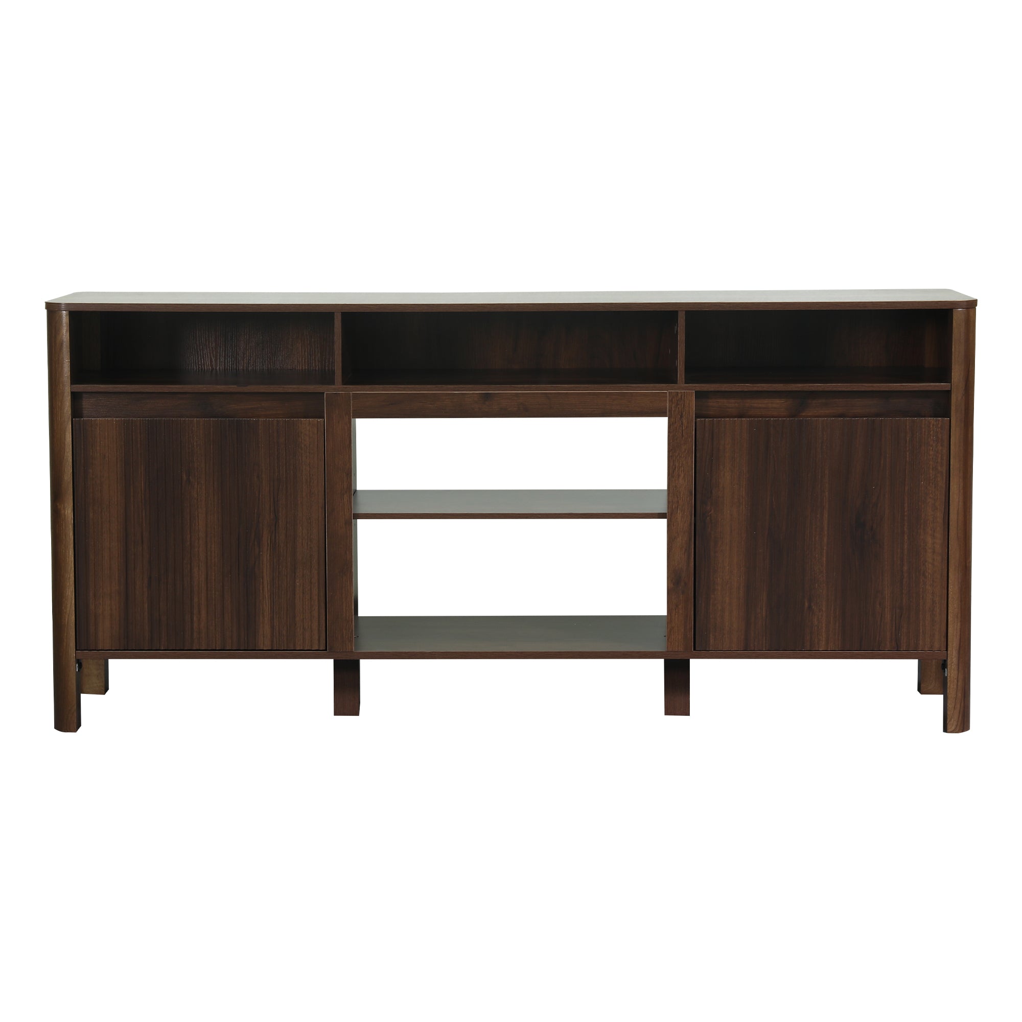 Dark walnut wood TV stand with open shelving and two side cabinets