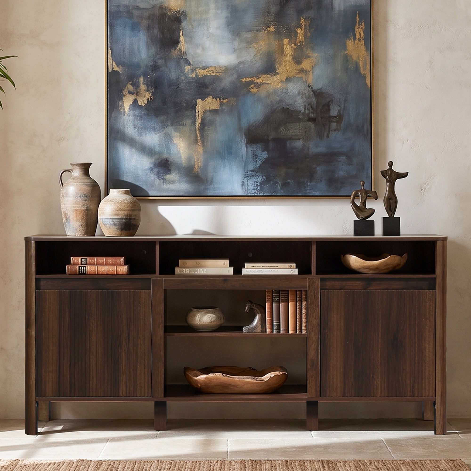 Modern dark wood sideboard with decorative vases and abstract art painting above