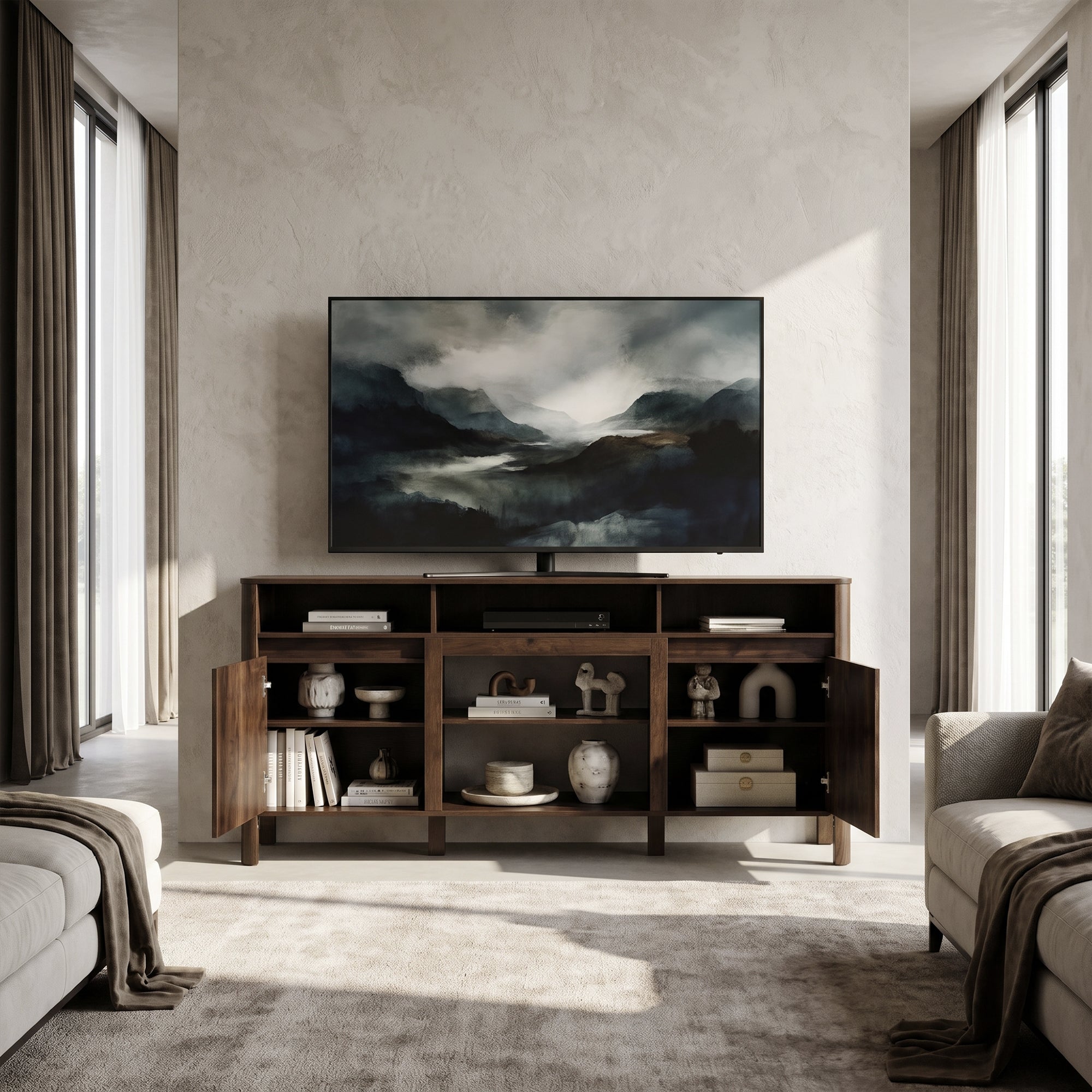 Modern wooden TV stand with decorative accessories in a minimalist living room