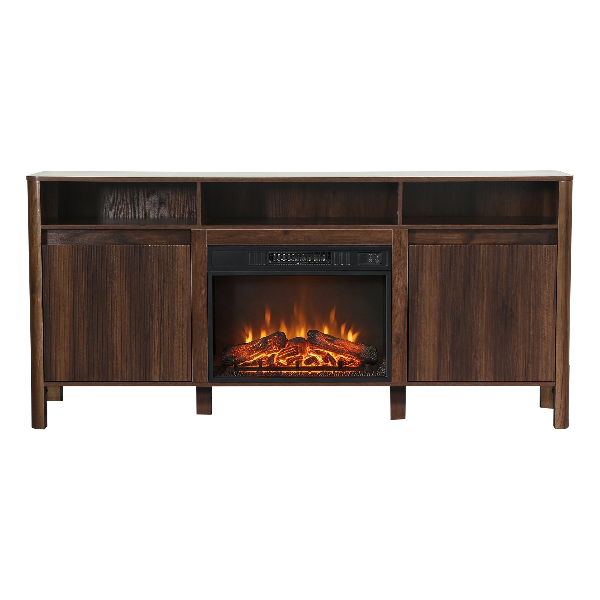 Dark walnut wood TV stand with an integrated electric fireplace and storage cabinets