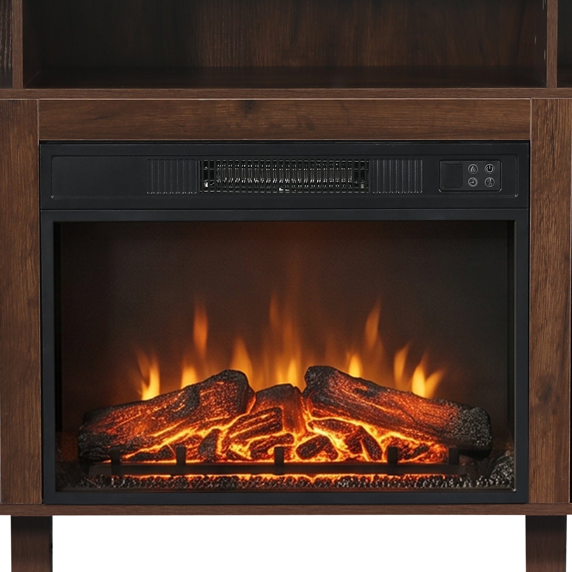 Electric fireplace with glowing logs and orange flames built into a dark wood cabinet