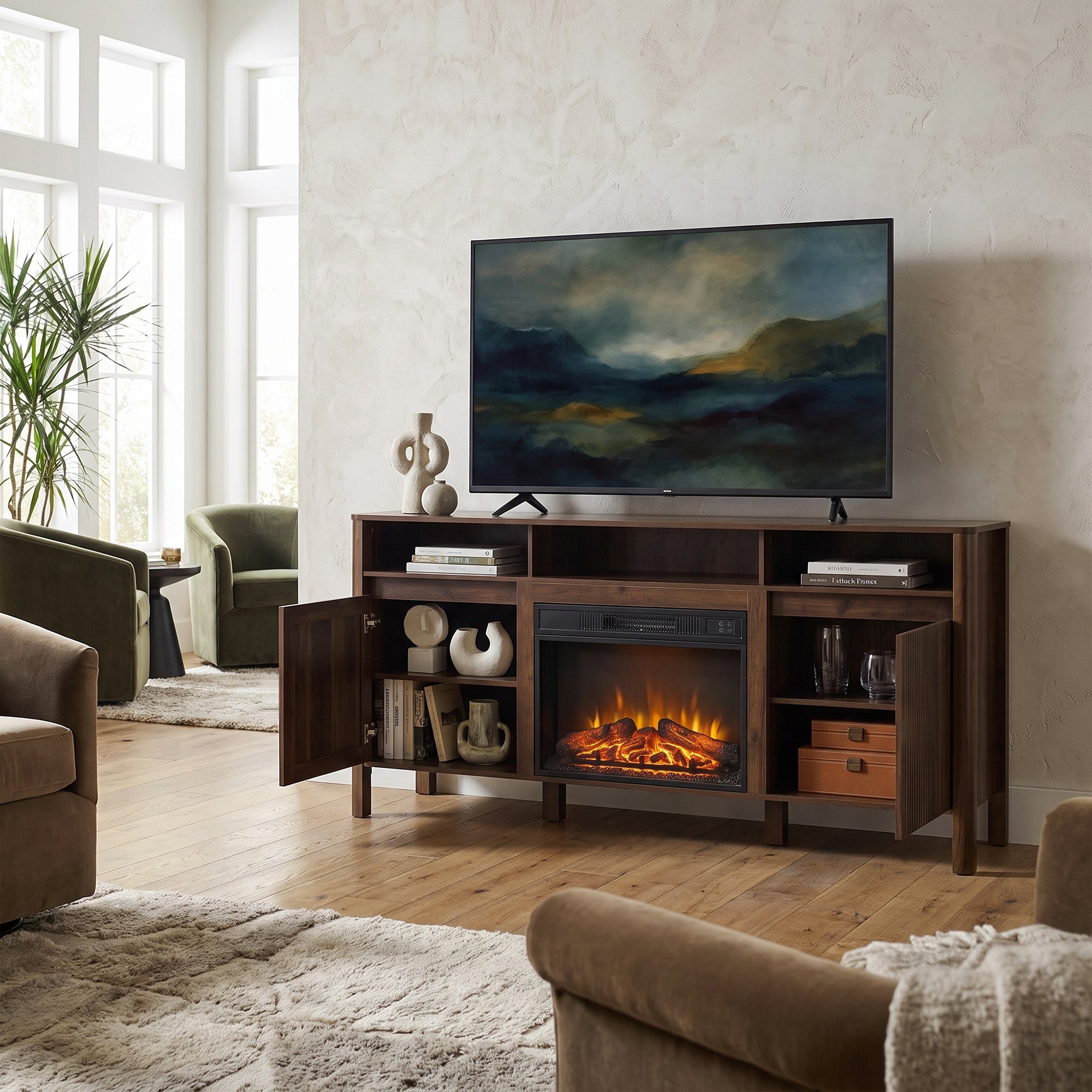 Modern dark wood TV stand with integrated electric fireplace and storage cabinets