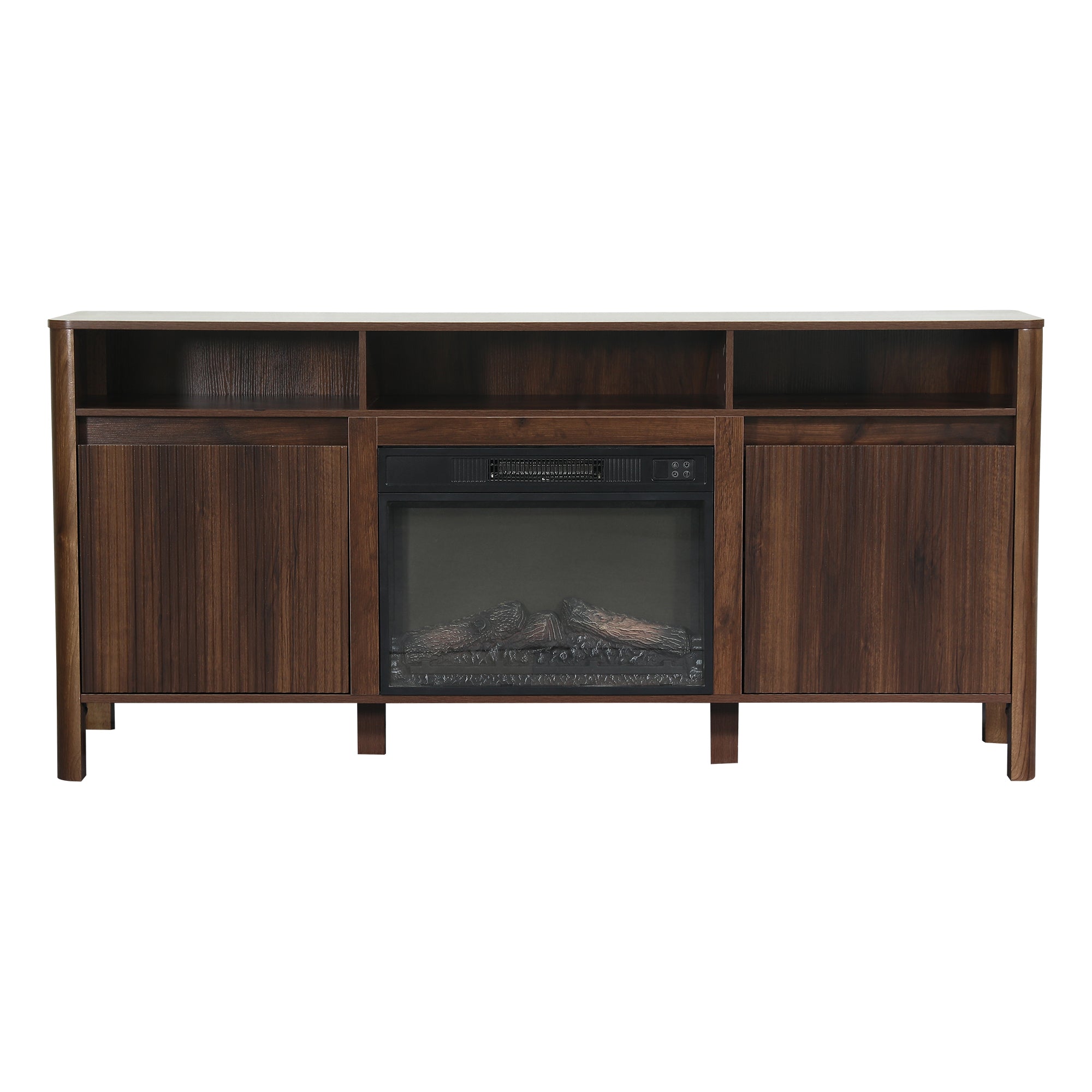 Mid-century modern dark walnut TV stand with integrated electric fireplace