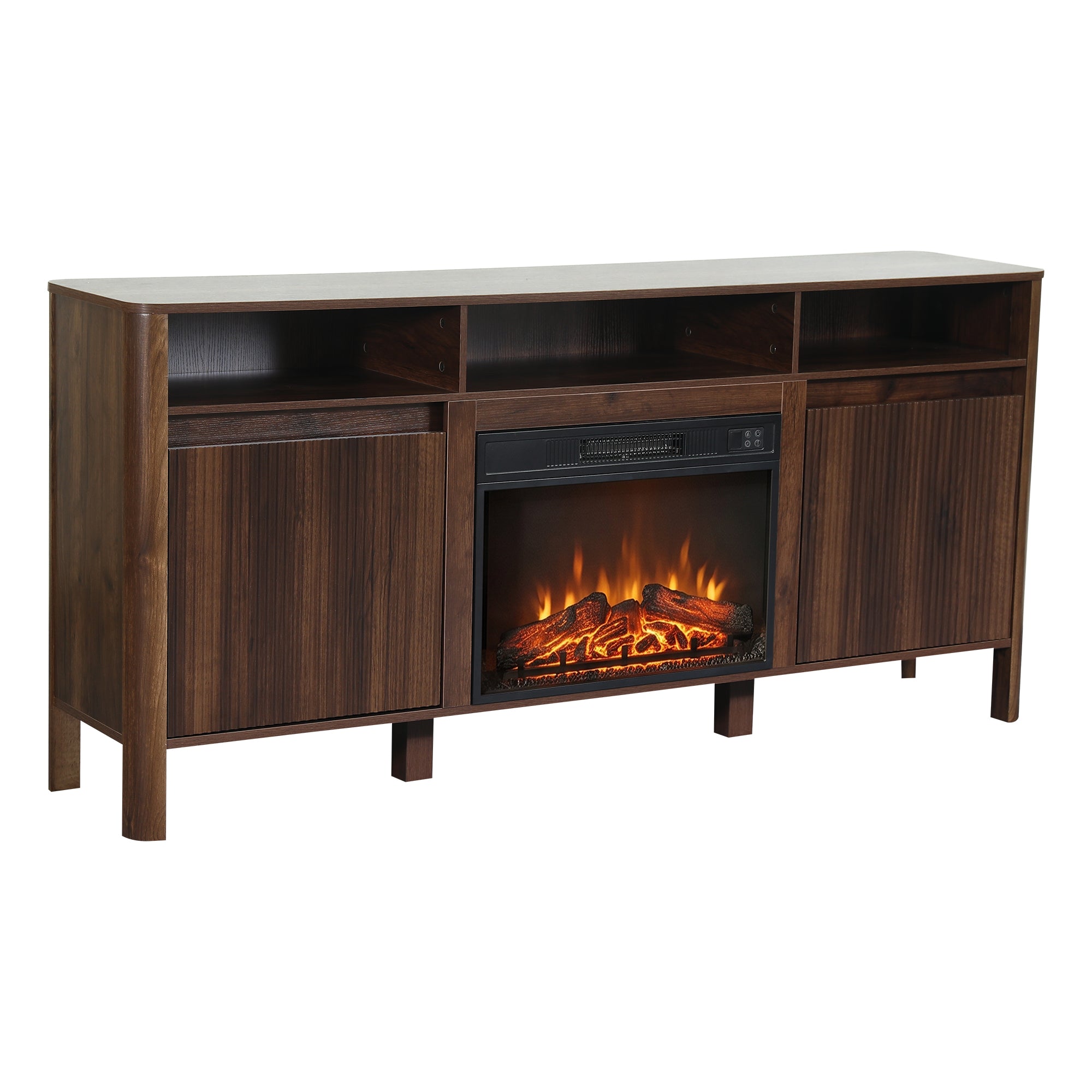 Dark wood TV stand with integrated electric fireplace and side cabinets