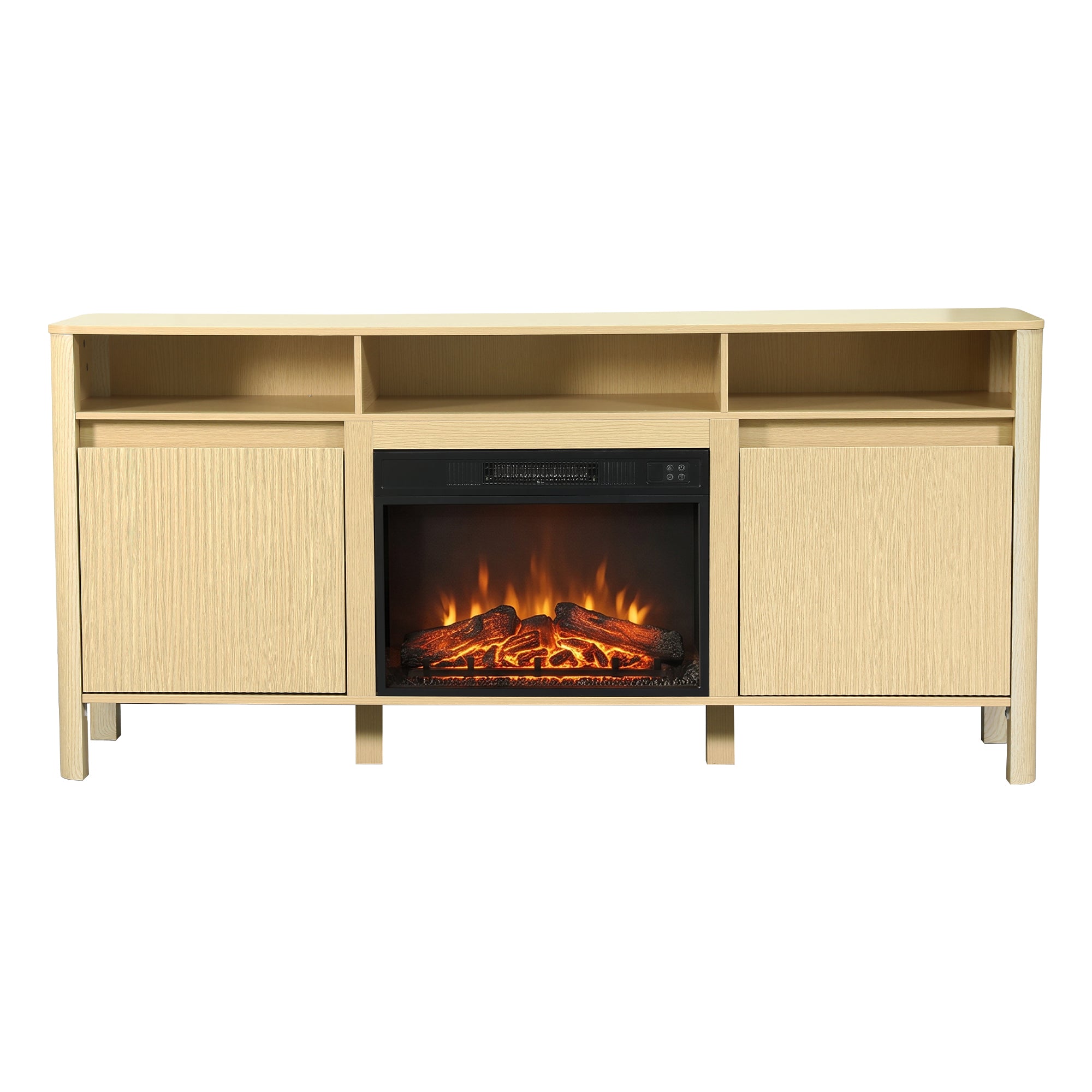 Light wood TV stand with built-in electric fireplace and storage cabinets