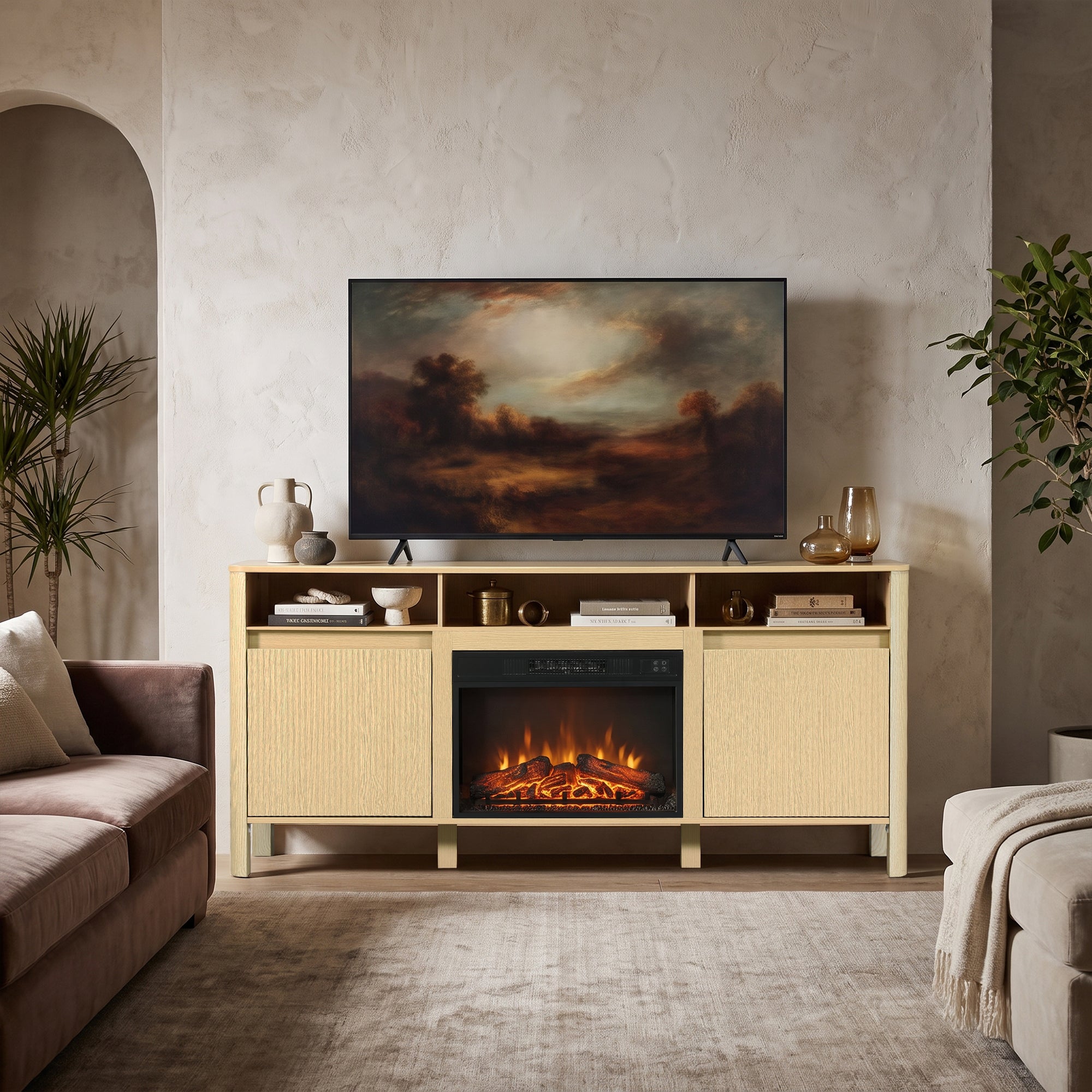 Light wood TV stand with built-in electric fireplace in a modern living room