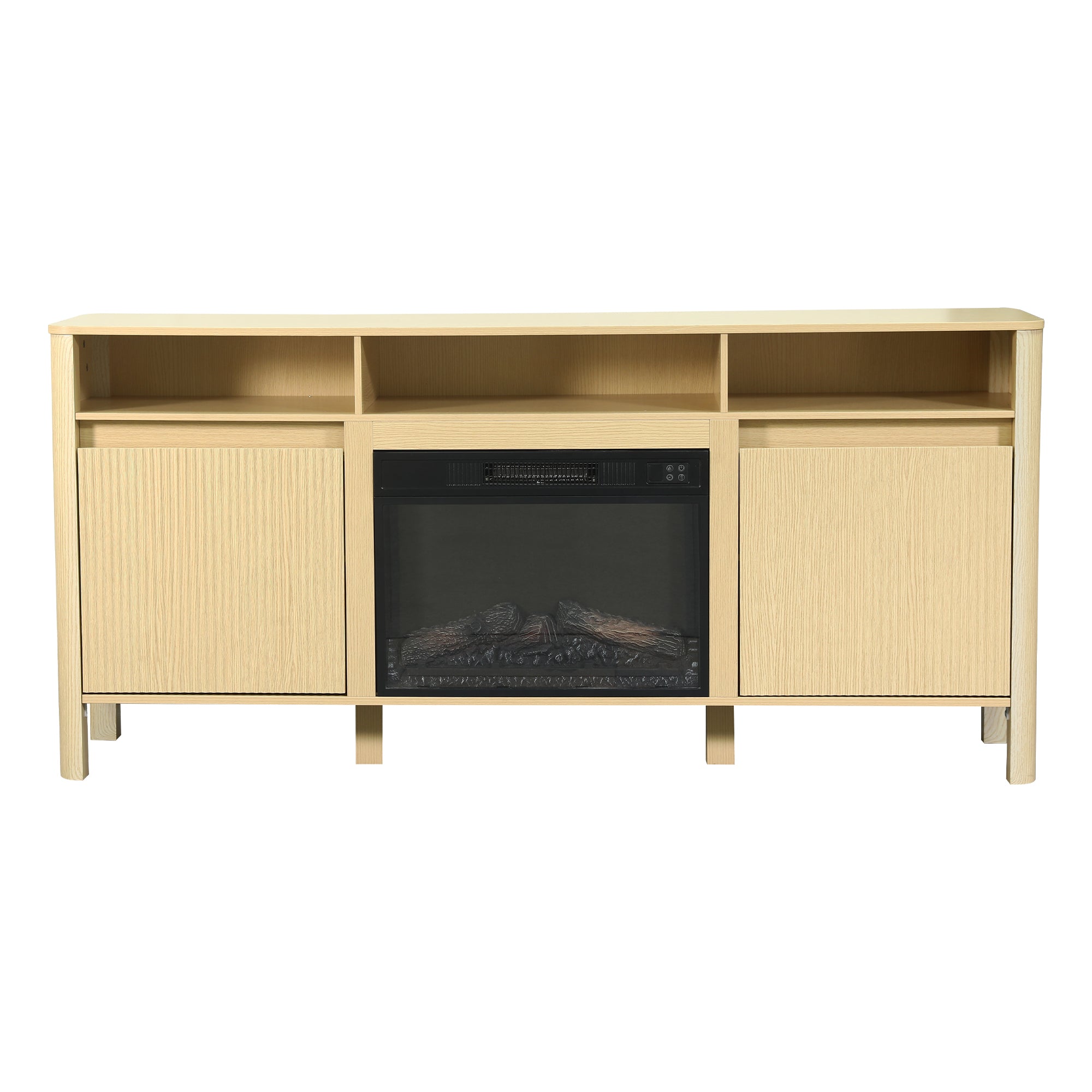 Light wood TV stand with built-in electric fireplace and storage cabinets
