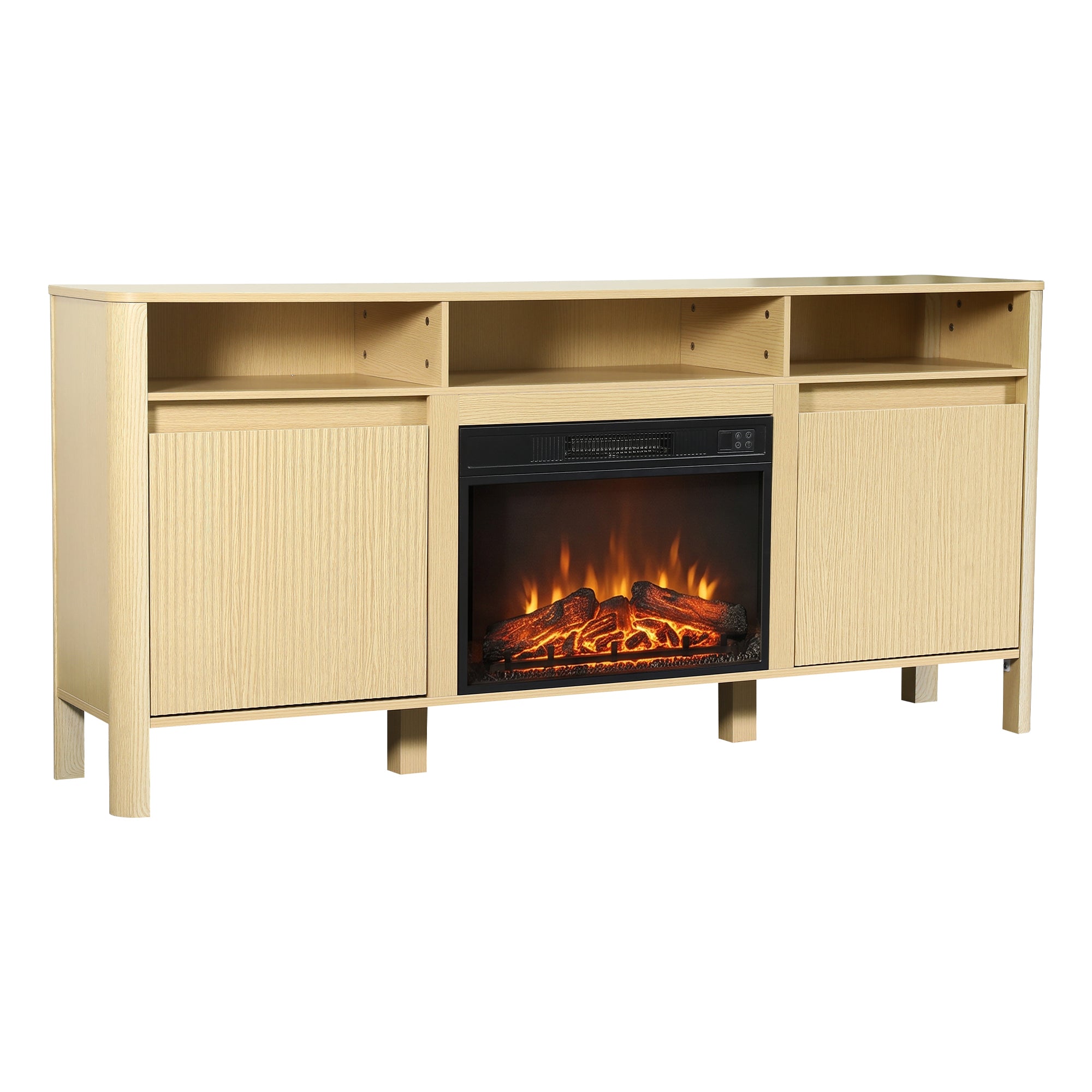 Light wood TV stand with integrated electric fireplace and storage cabinets
