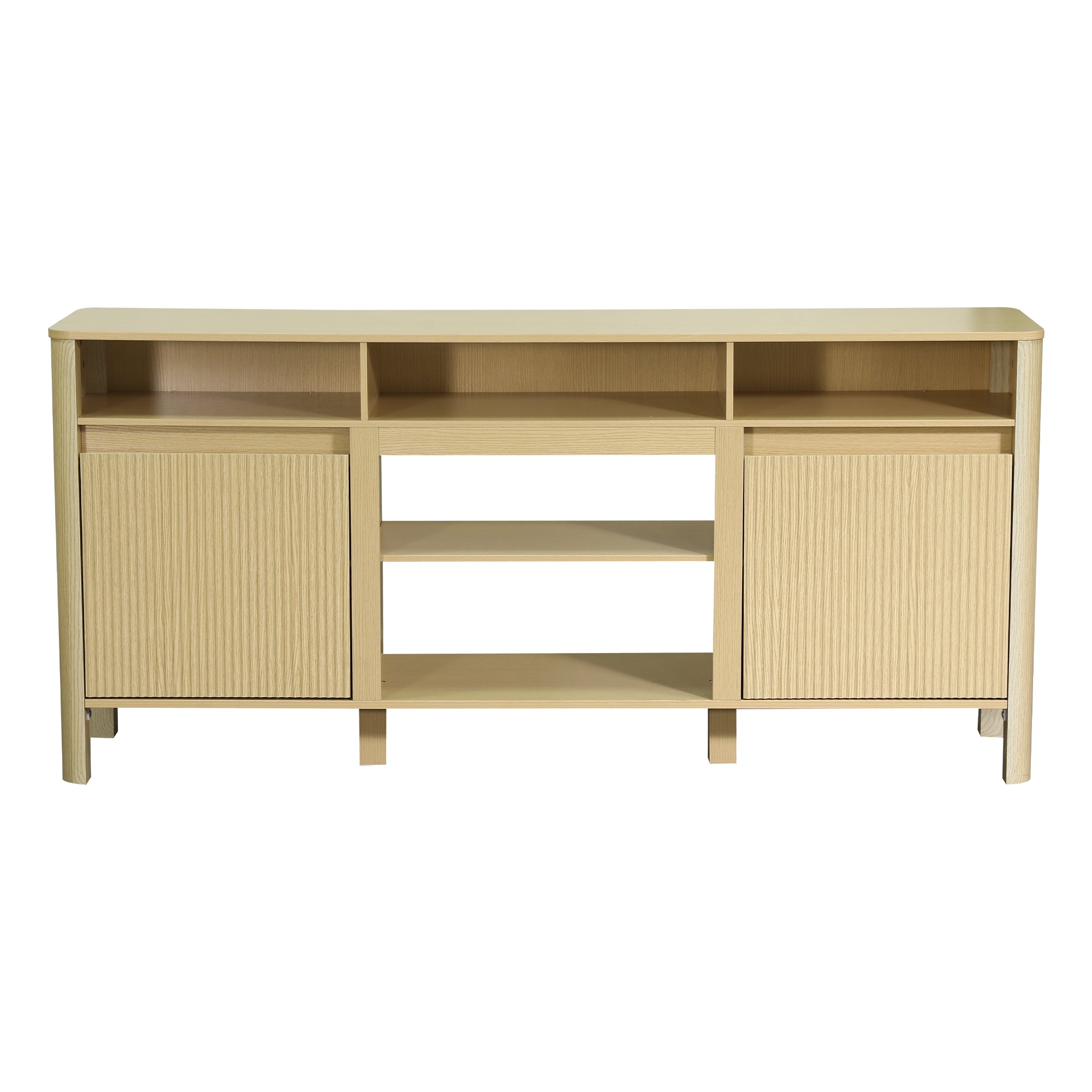 Modern light wood TV stand with open shelving and two slatted cabinet doors