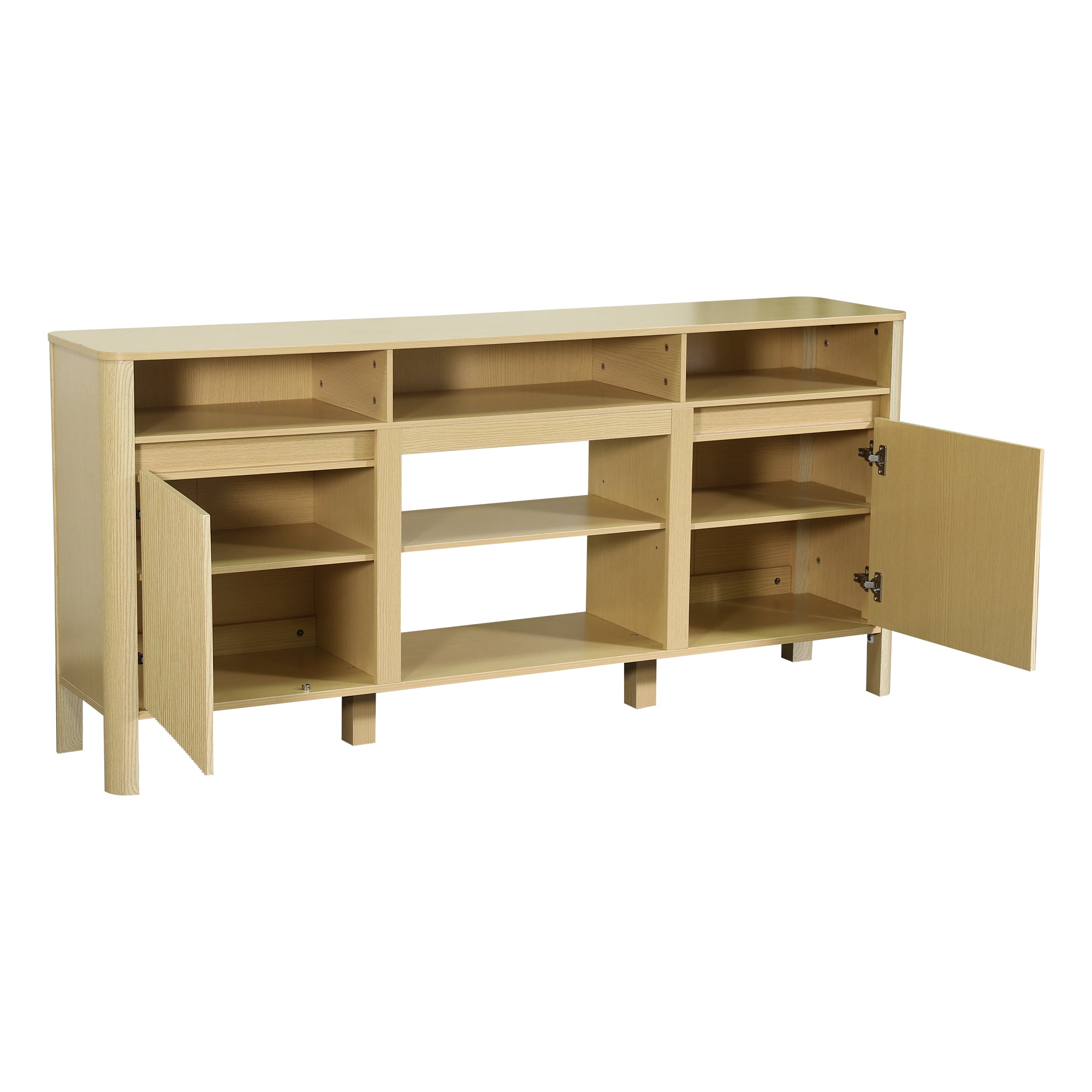 Light wood TV stand with open shelves and two side cabinet doors open