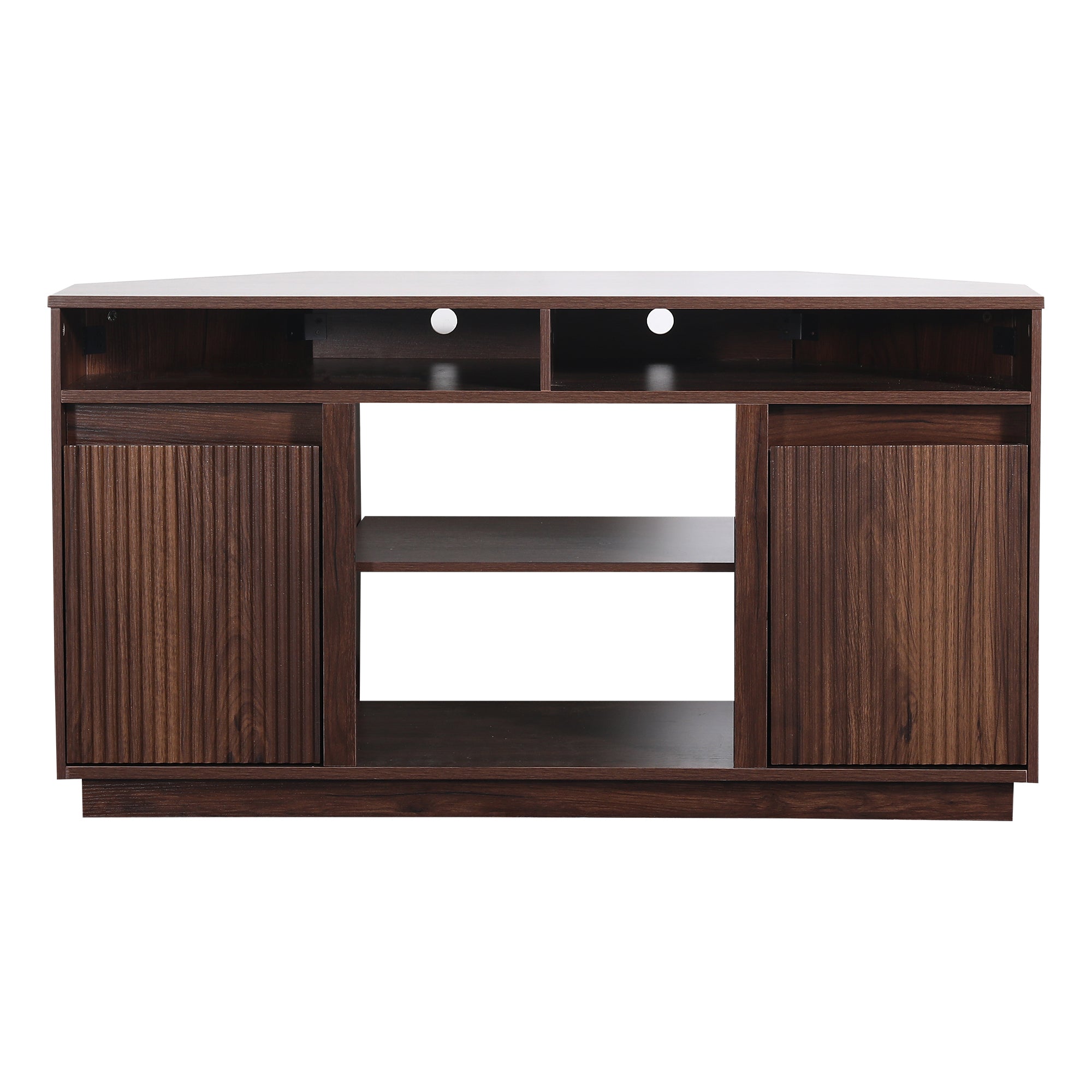 Dark wood TV stand with fluted cabinet doors and open central shelving