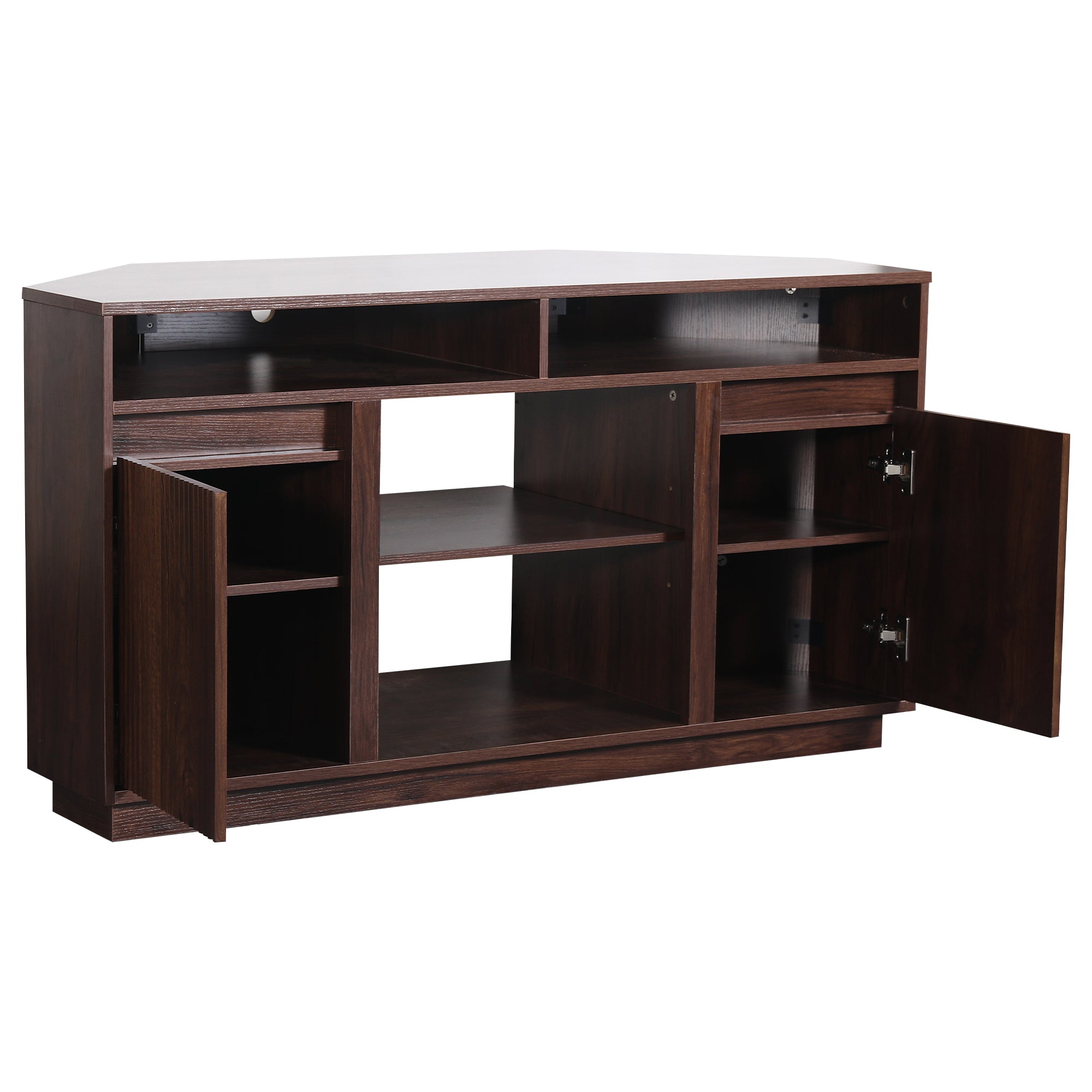 Dark brown wooden TV stand with open shelving and two open cabinet doors