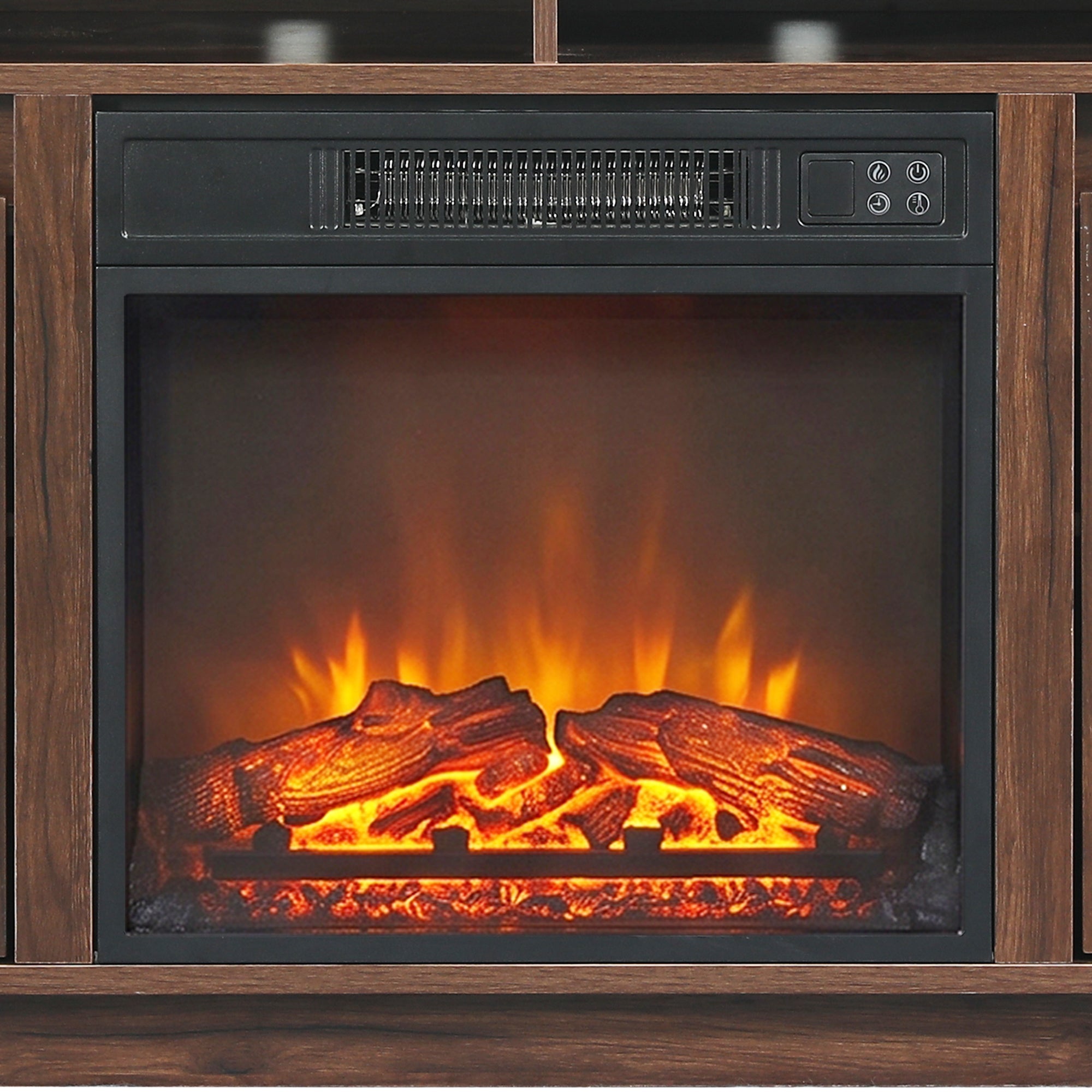 Electric fireplace with glowing logs and flames built into a dark wood cabinet